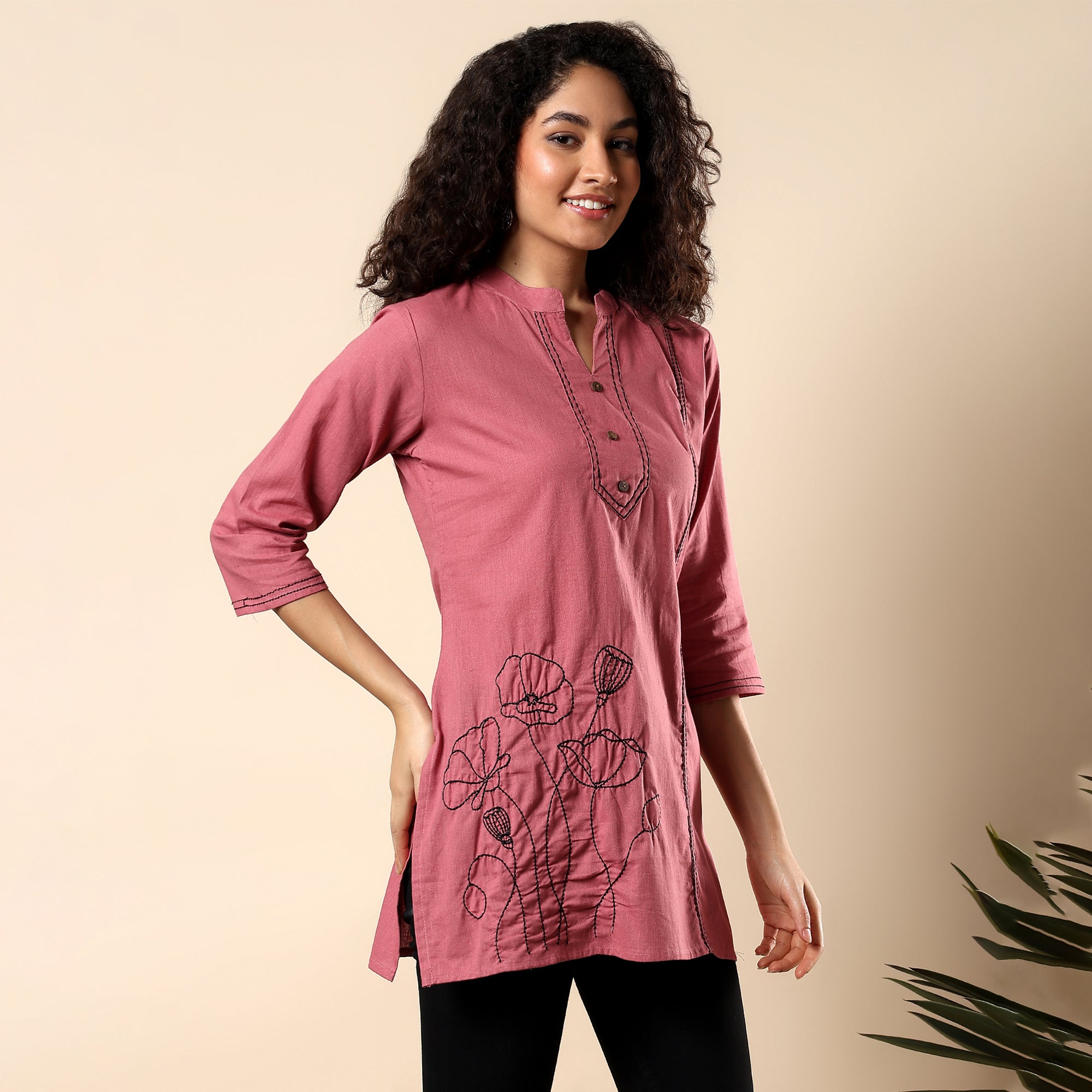 Floral Embroidered Pure Cotton Pink Short Kurti/Tunic