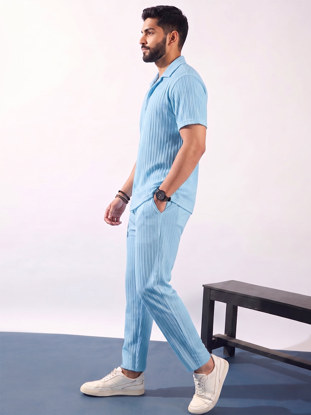 Men’s Light Sky Textured Co-Ord Set – Premium Relaxed Fit Shirt & Trouser Set