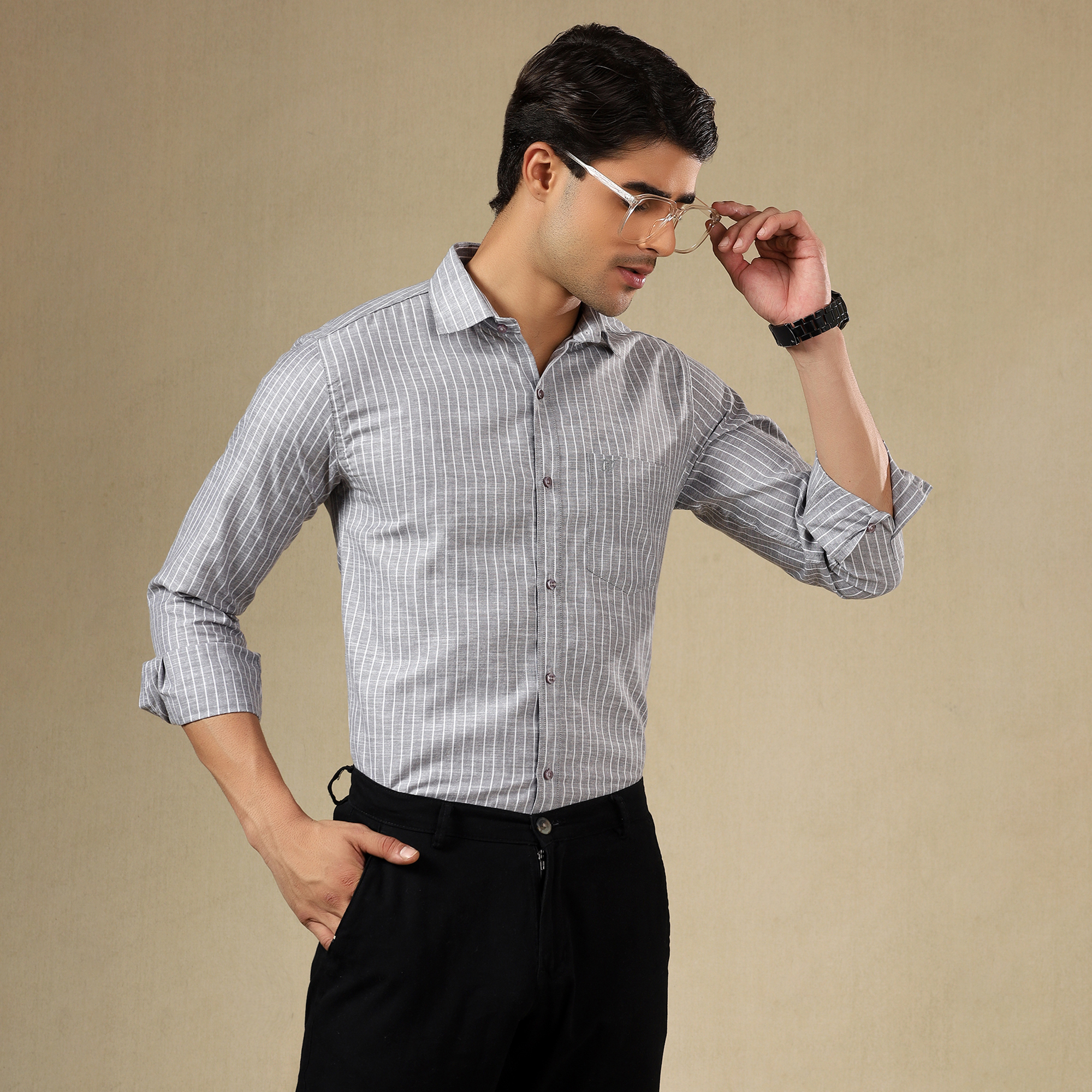 Men's Striped Linen Regular Fit Single Pocket Shirt- GREY