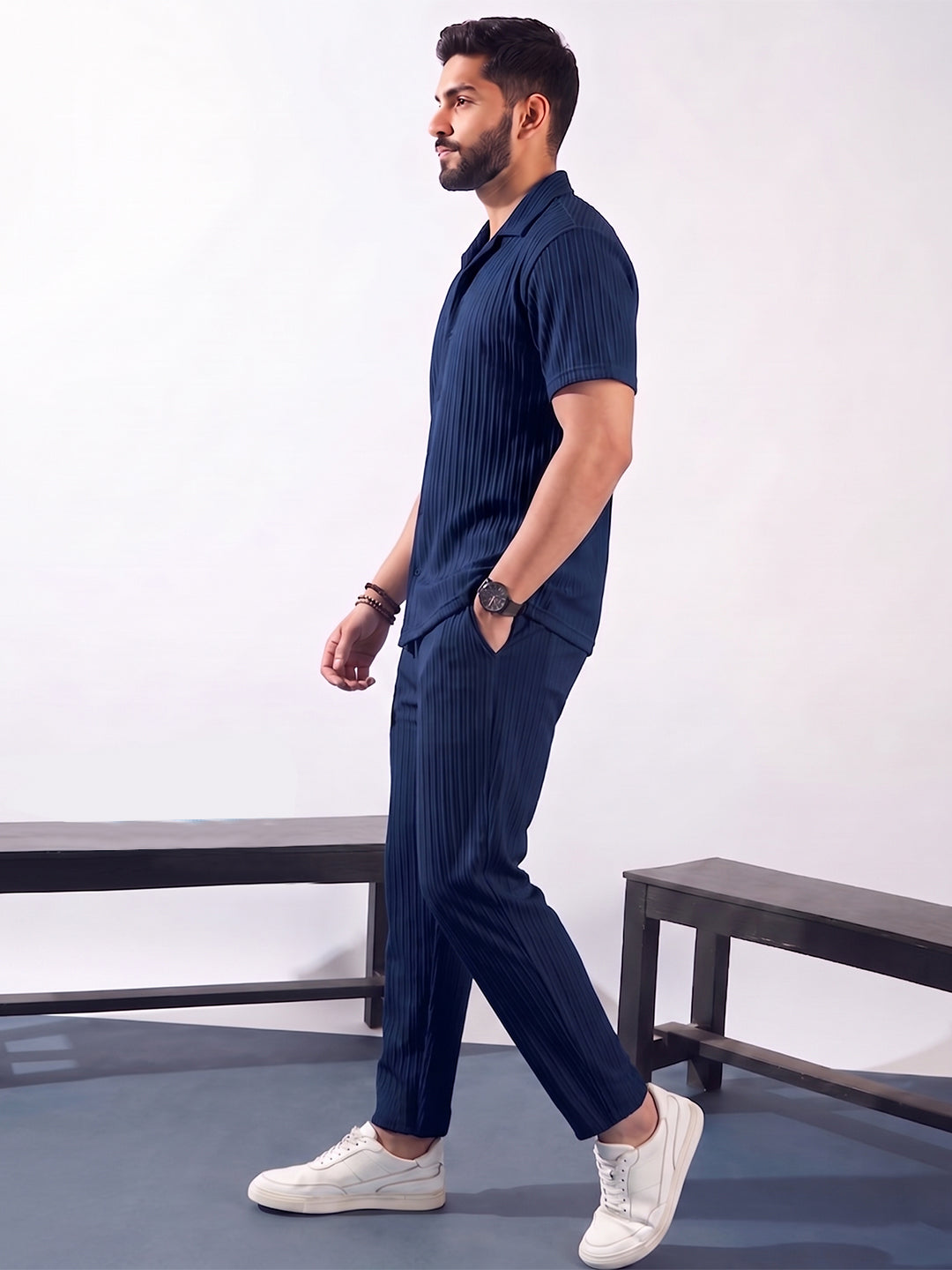 Men’s Navy Blue Textured Co-Ord Set – Premium Relaxed Fit Shirt & Trouser Set