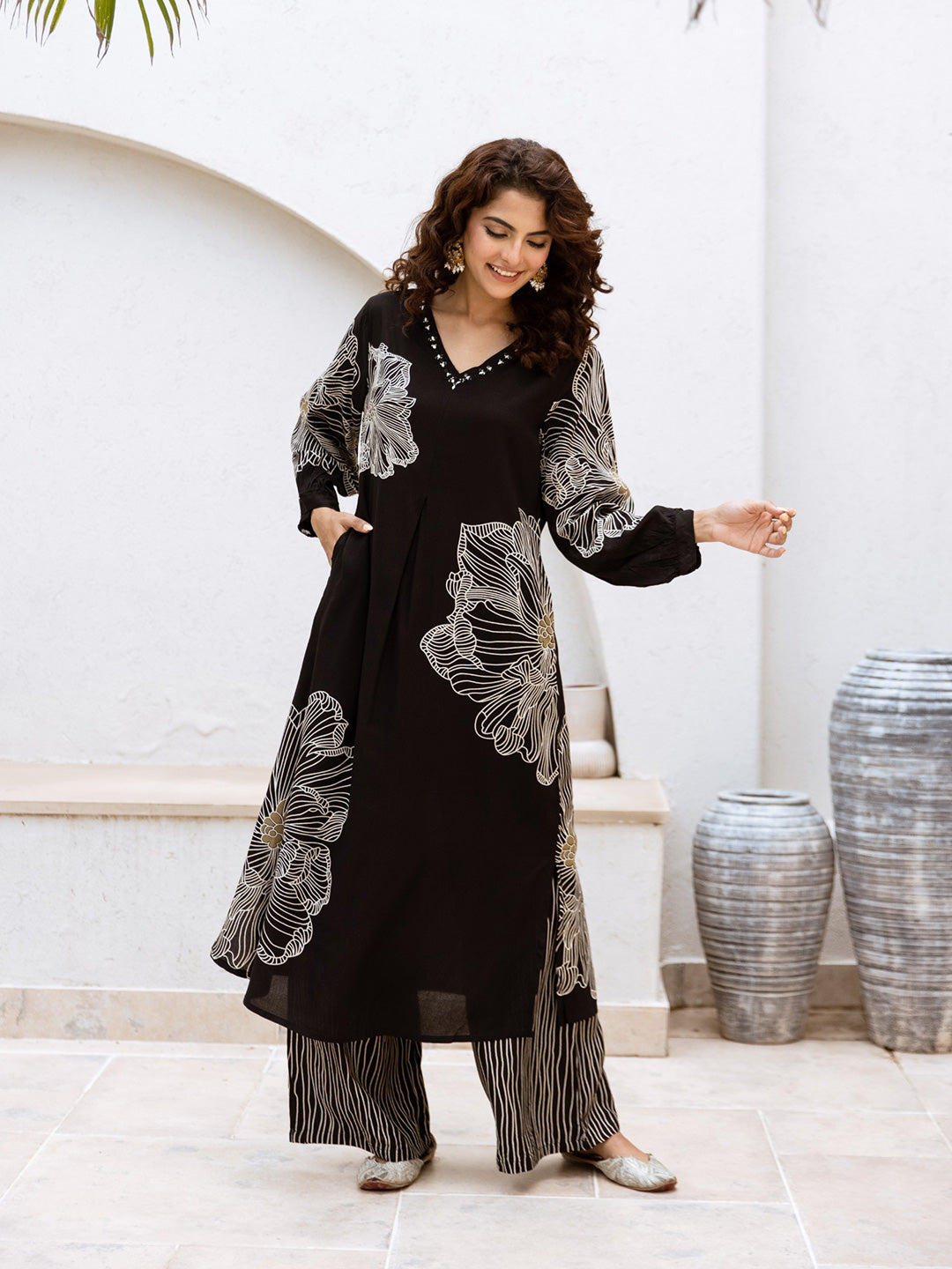 Floral Printed V-Neck A-Line Cotton Rayon Kurta Set- Black