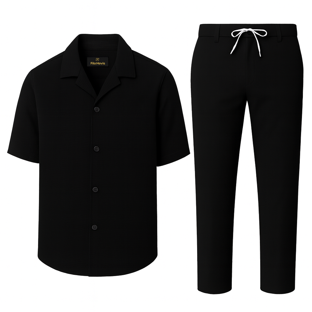 Men’s Premium Popcorn Texture Co-ord Set – Polyester Comfort Shirt & Trouser-Black