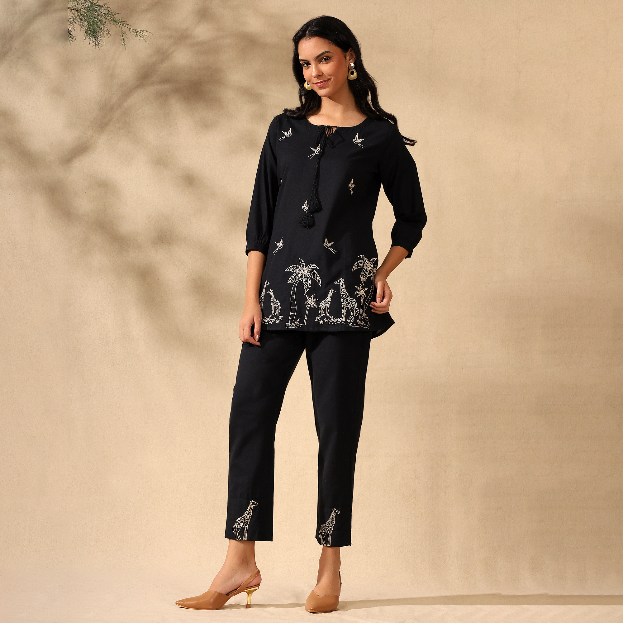 Embroidered Pure Cotton Tunic With Trousers Black Co-ord Set