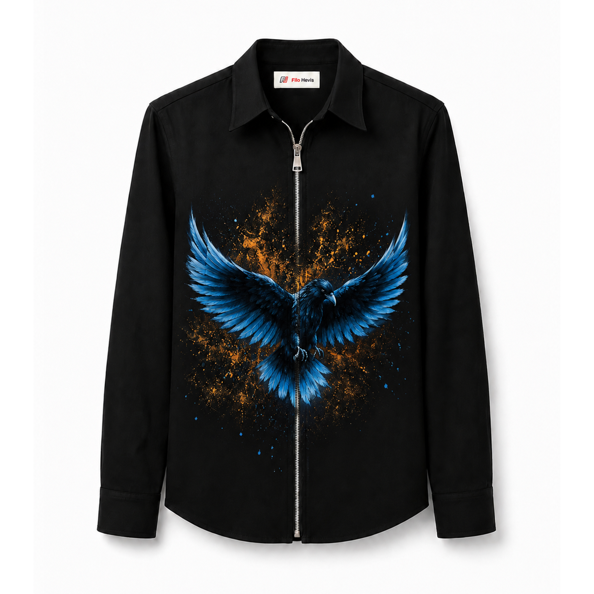 Hand-Painted Blue Phoenix Zip Shirt — Japanese Lycra