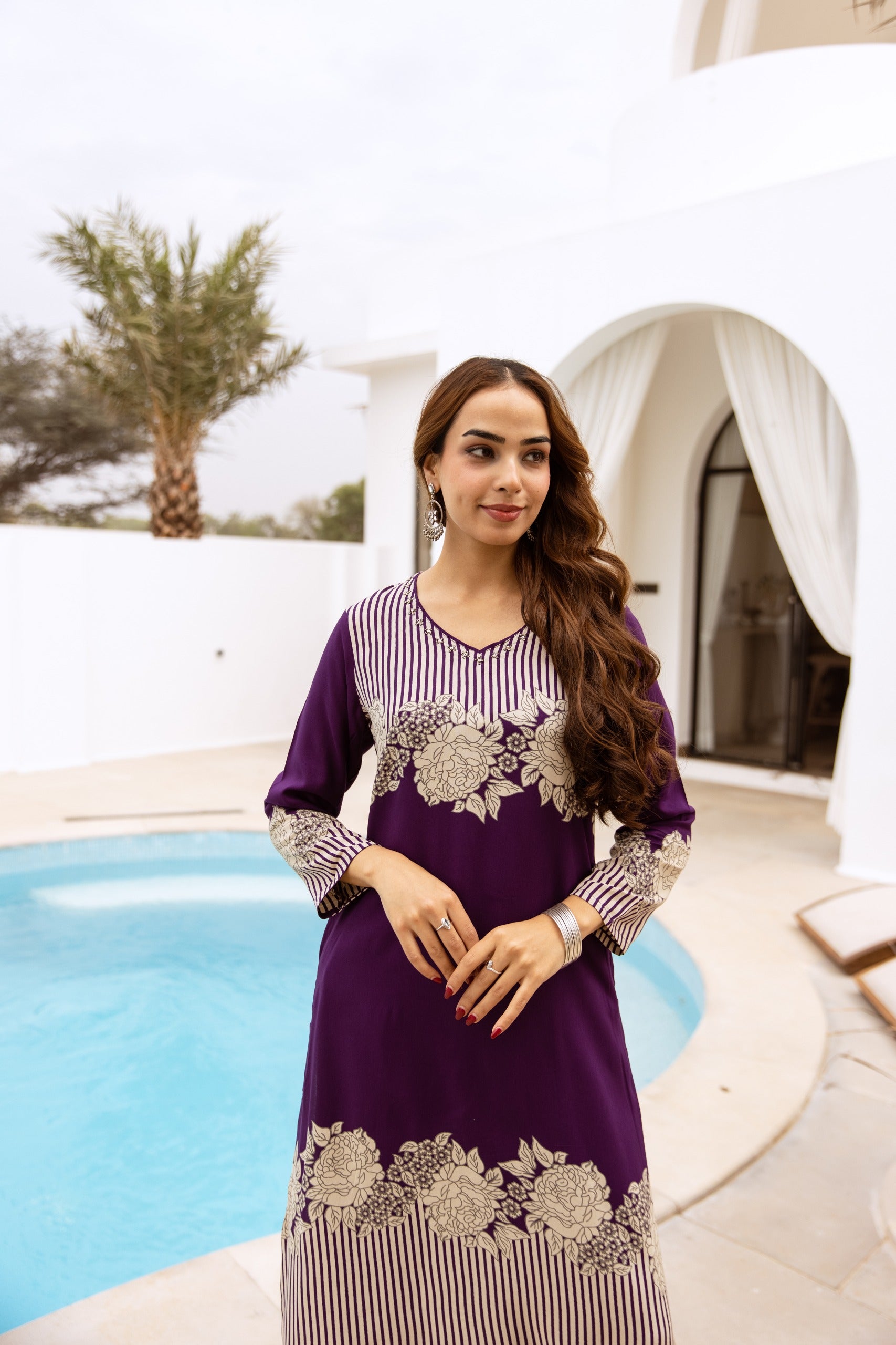 Floral Printed V-Neck Straight Cotton Kurta Set- Purple