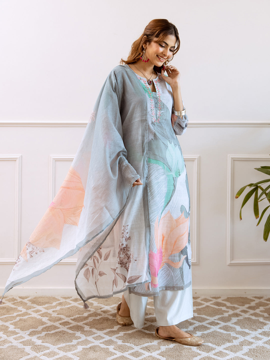 Floral Printed Notched Neck Linen Straight Kurta Set with Dupatta- Grey Green