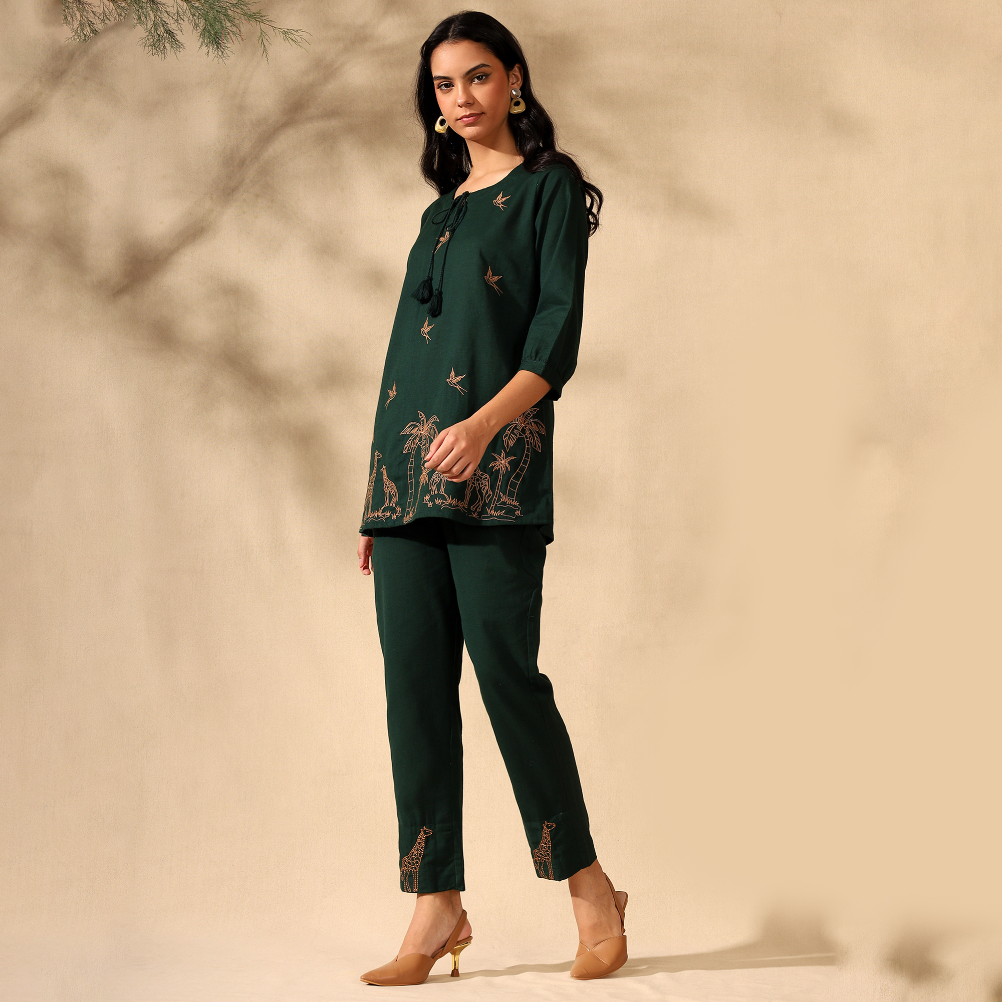 Embroidered Pure Cotton Tunic With Trousers Dark Green Co-ord Set