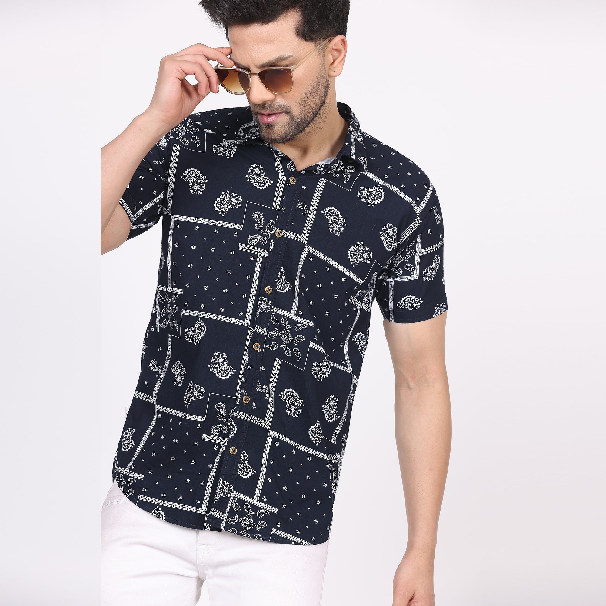 Men's Regular Fit Half Sleeve Printed Shirt-Navy Blue