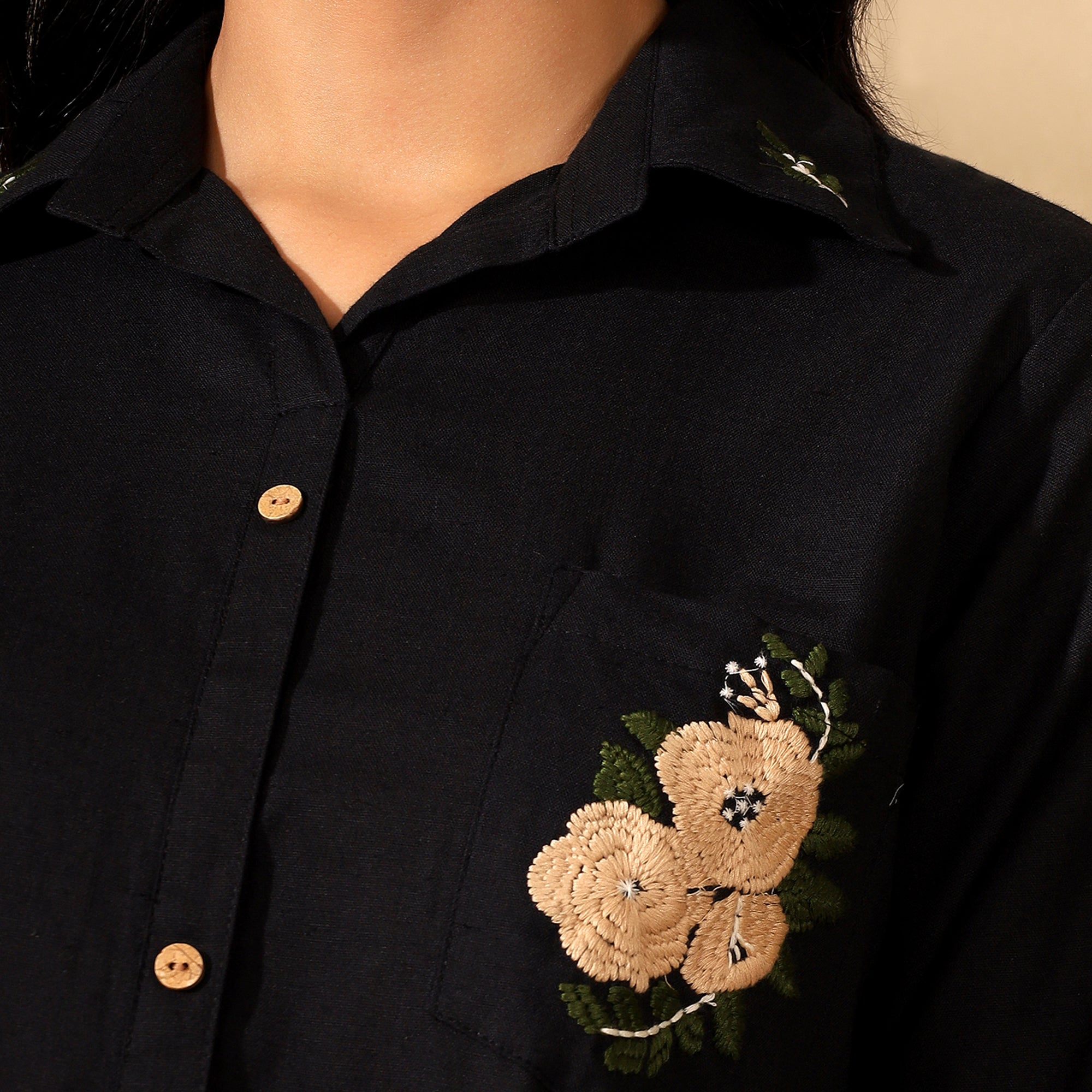 Floral Embroidered Pure Cotton Shirt With Trousers Black Co-ord Set