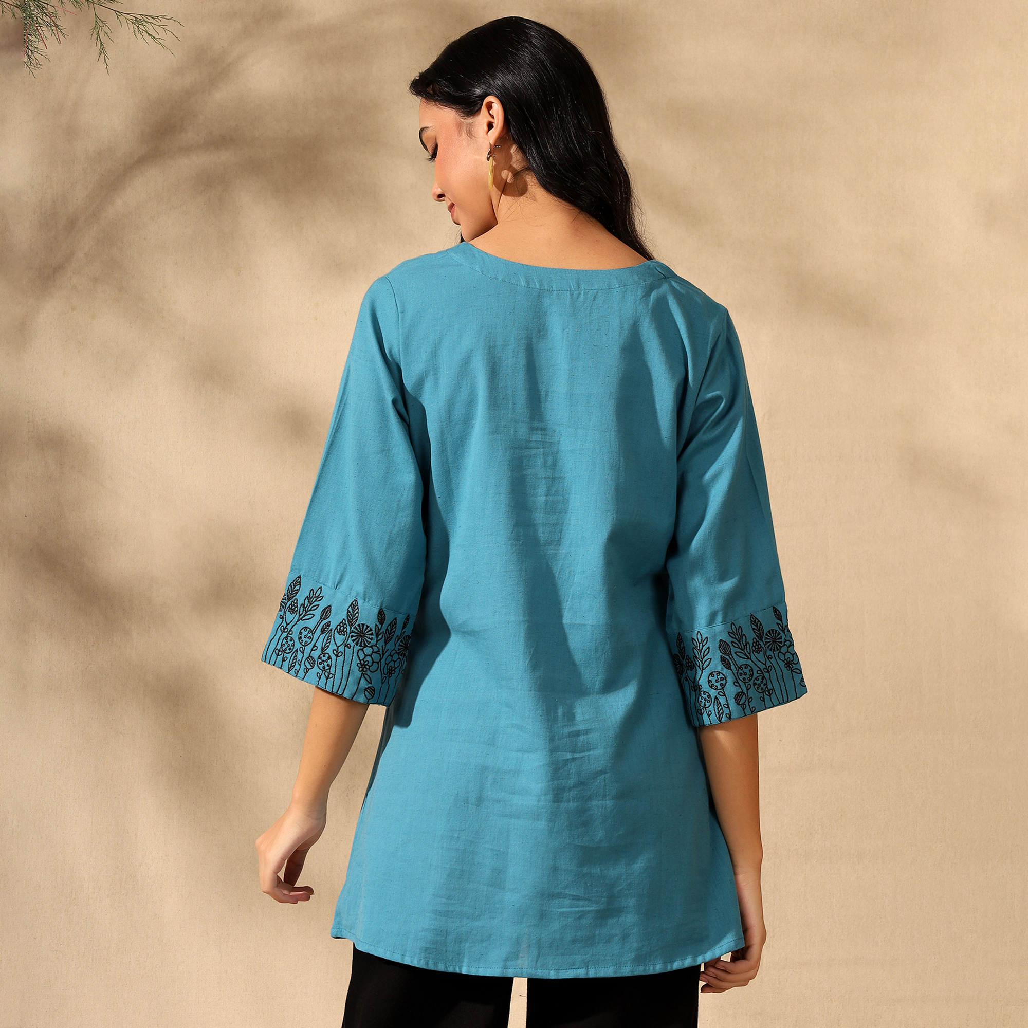 Botanical Embroidered Pure Cotton Blue Short Kurti/Tunic