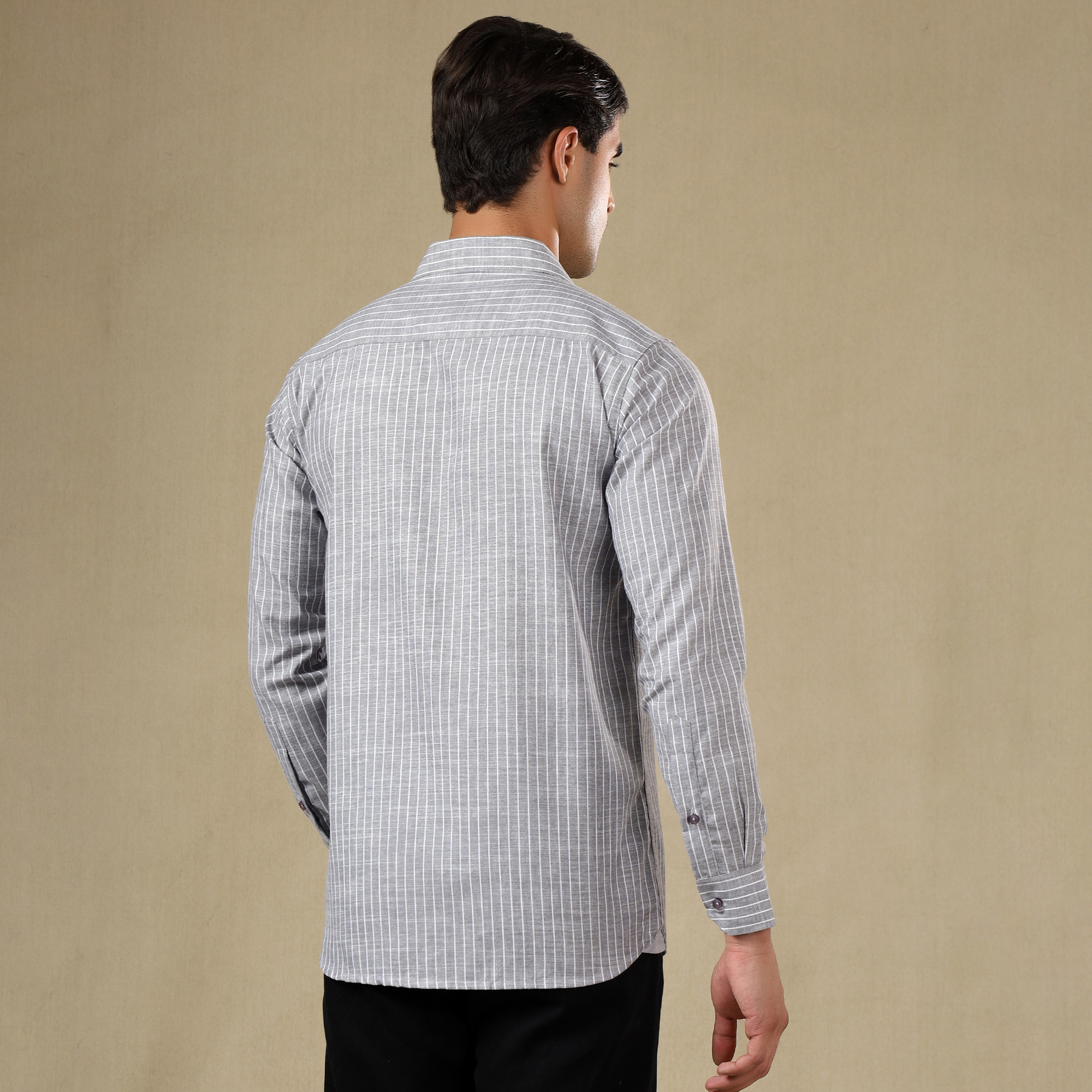 Men's Striped Linen Regular Fit Single Pocket Shirt- GREY
