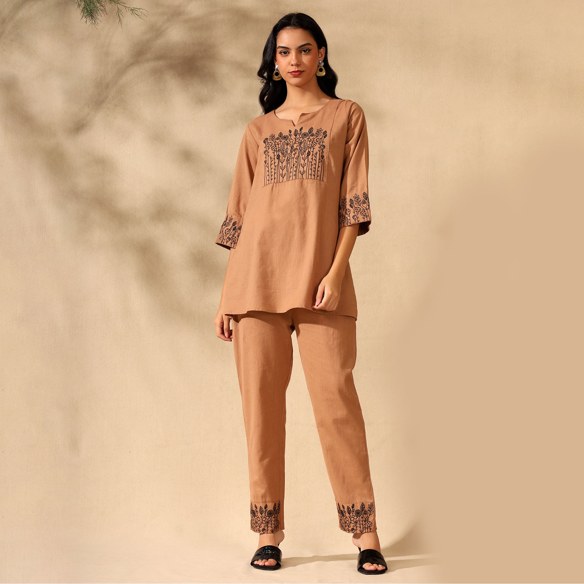 Botanical Embroidered Pure Cotton Tunic With Trousers Beige Co-ord Set