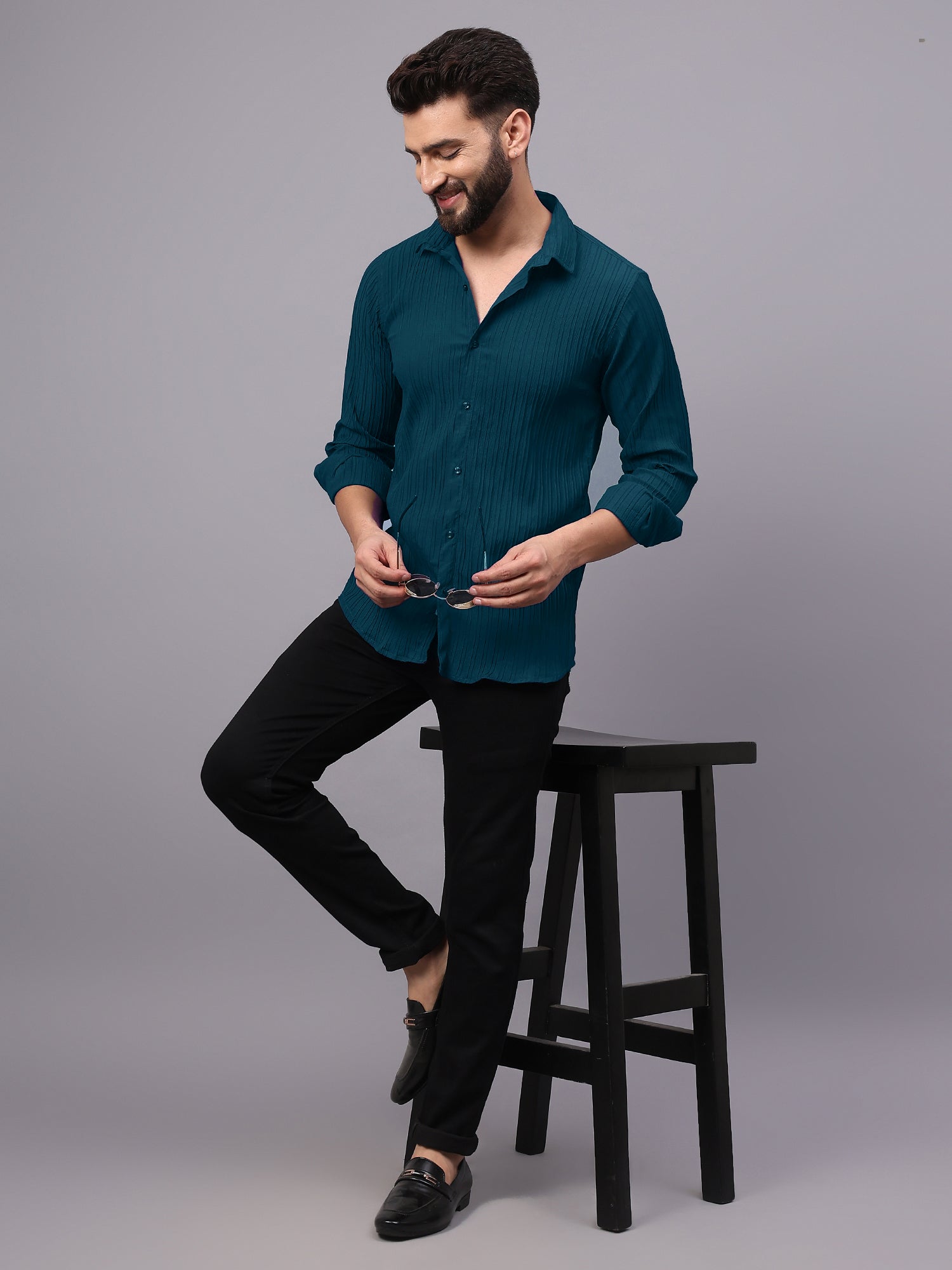 Crushed Self Stripe Dark Green Shirt