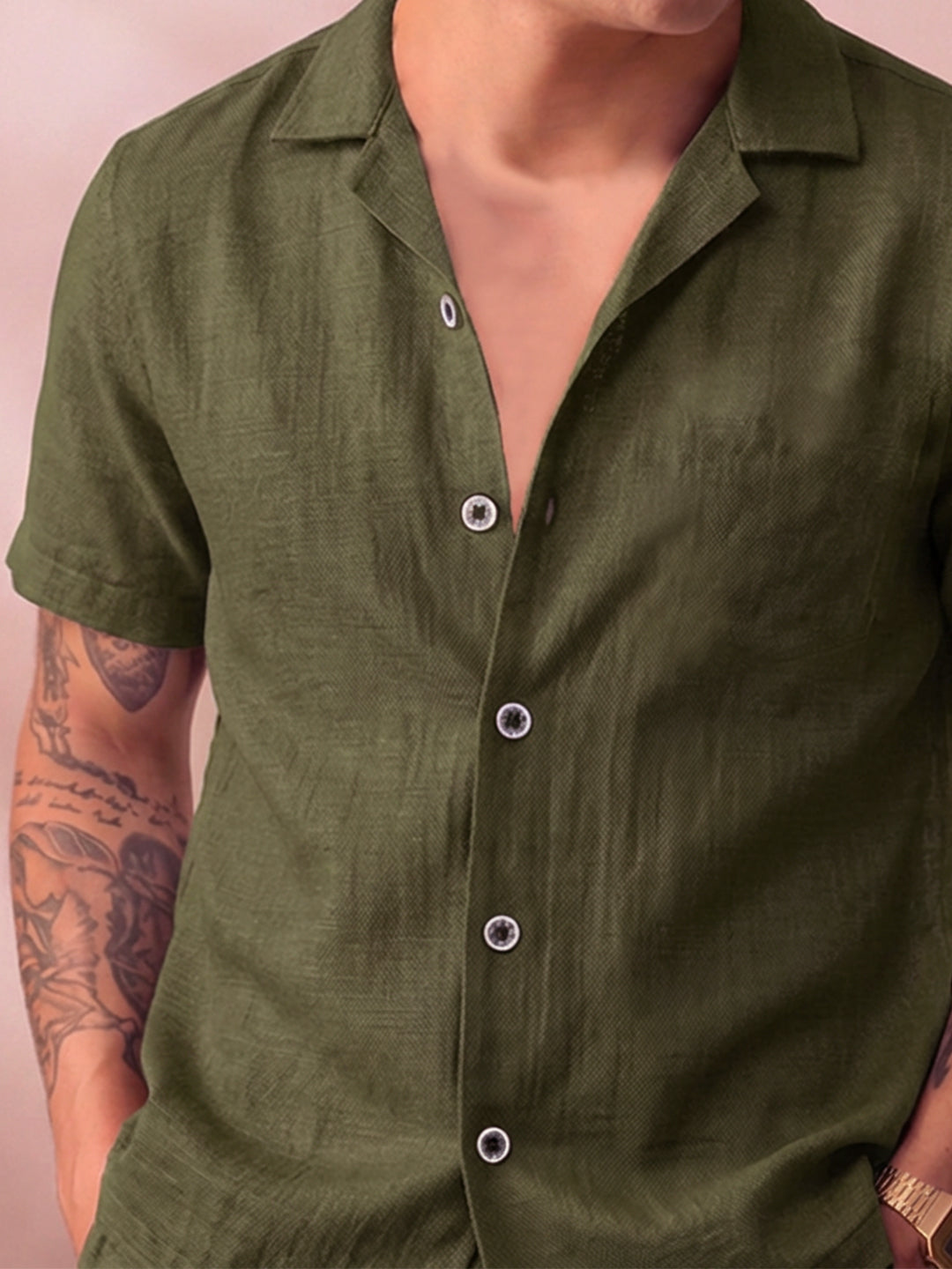 Men’s Premium Cotton Co-Ord Set | Resort Collar Shirt & Trouser Set | Olive Green