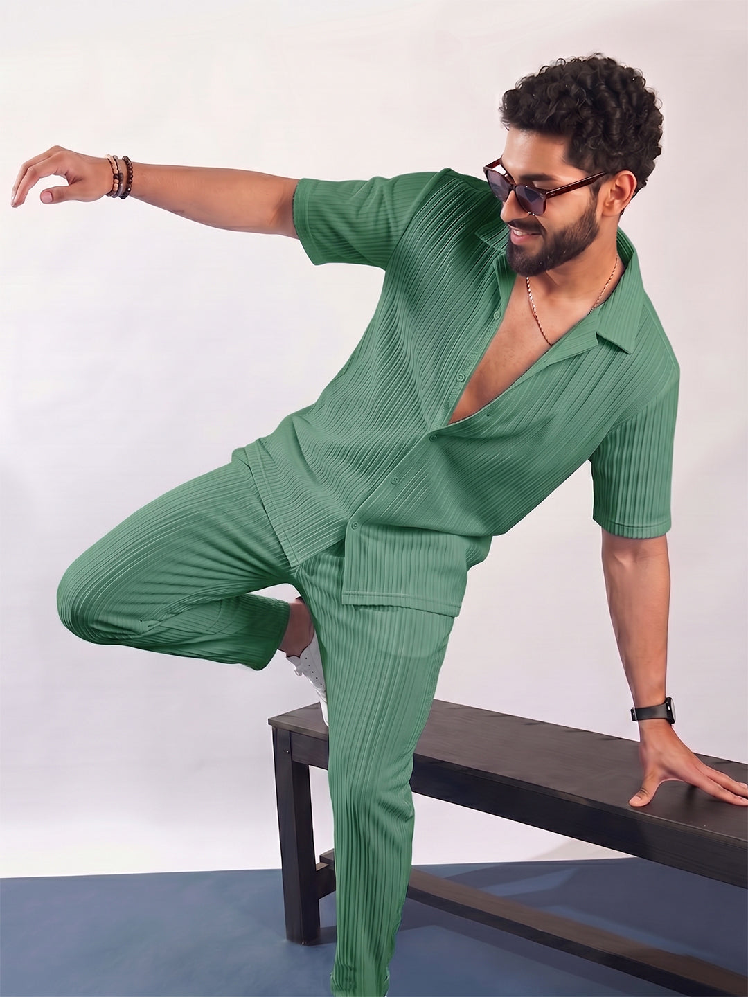 Men’s Mint Green Textured Co-Ord Set – Premium Relaxed Fit Shirt & Trouser Set