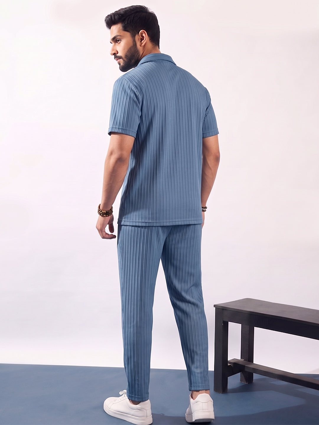 Men’s Denim Blue Textured Co-Ord Set – Premium Relaxed Fit Shirt & Trouser Set
