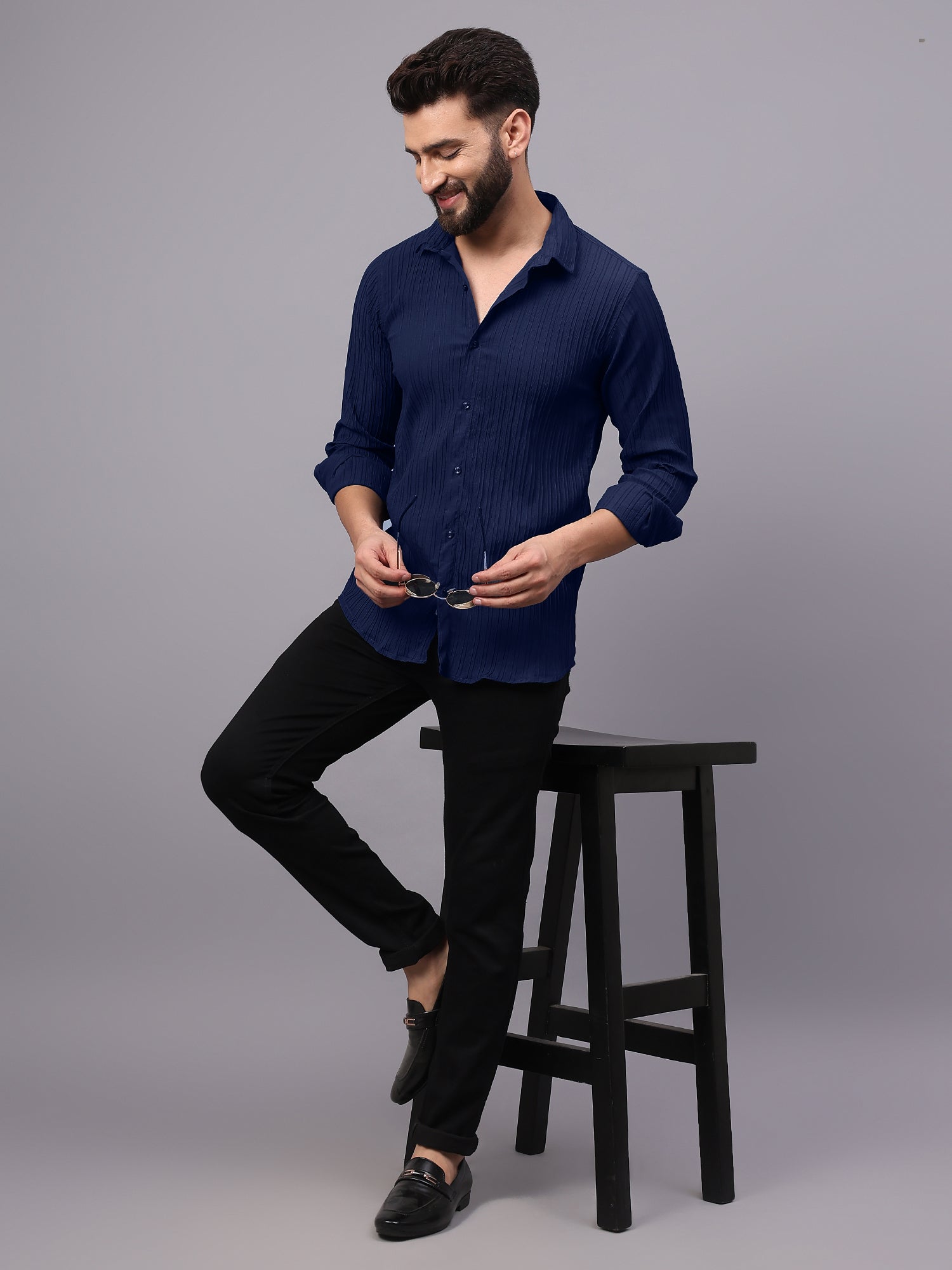 Crushed Self Stripe Navy Blue Shirt