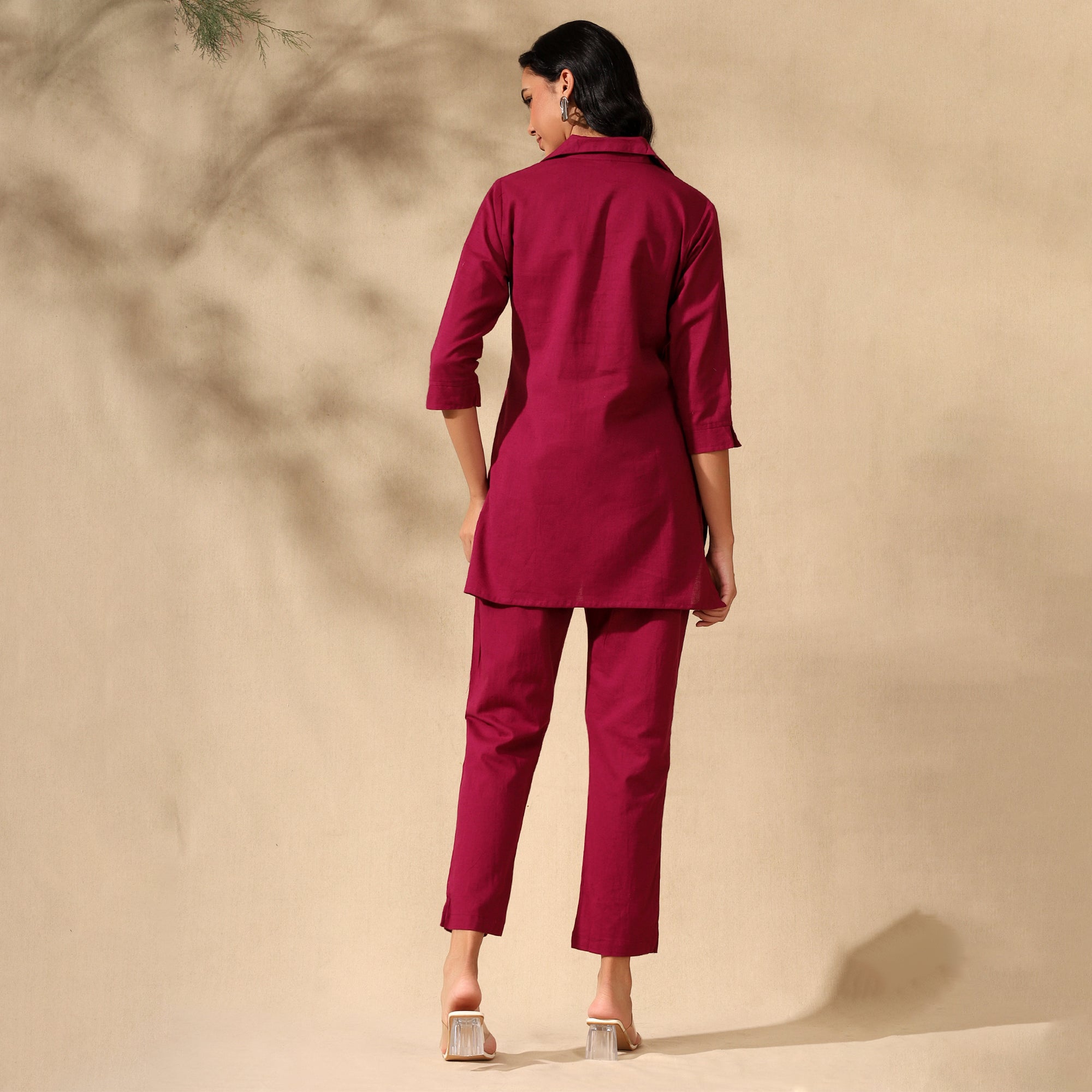Floral Embroidered Pure Cotton Shirt With Trousers Maroon Co-ord Set