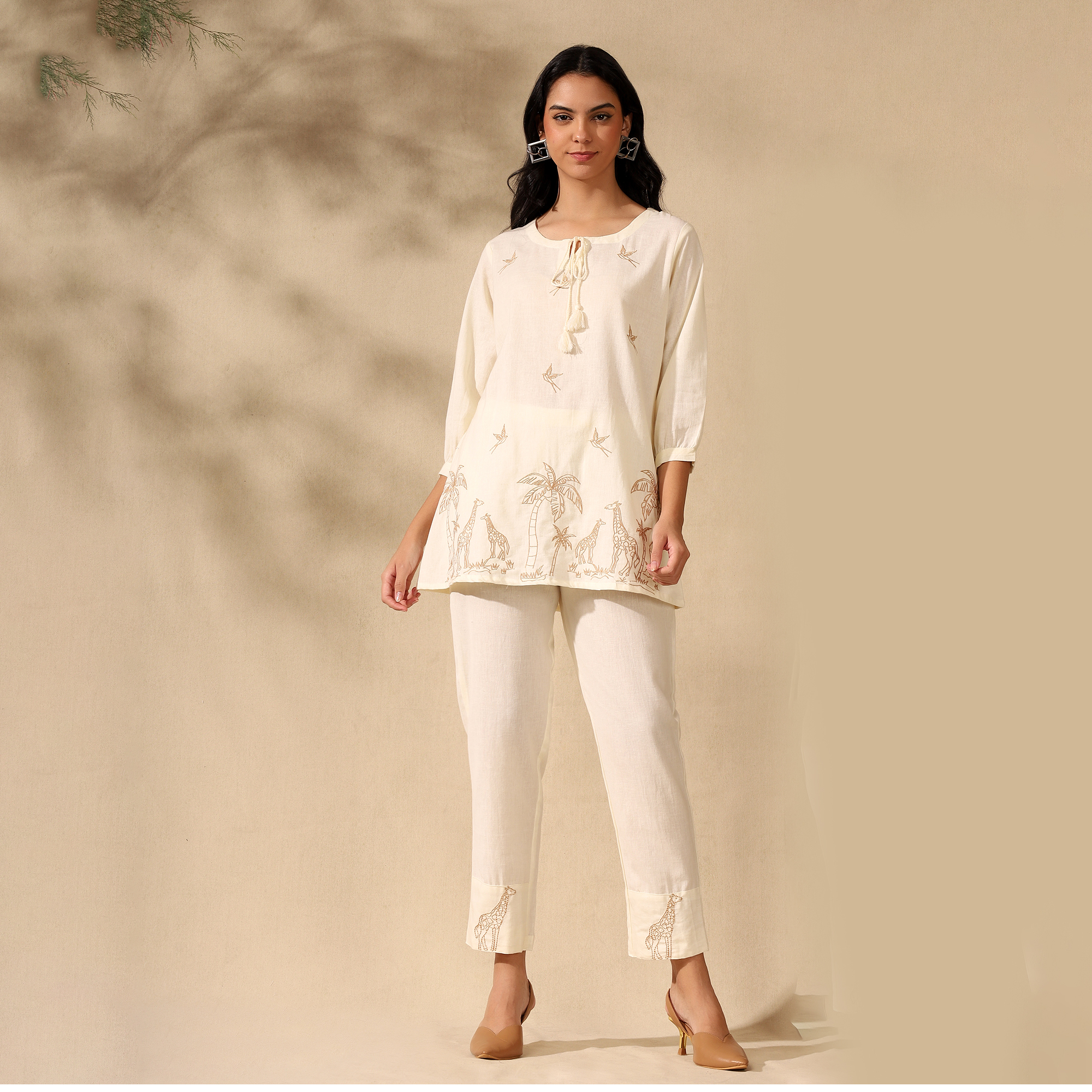 Embroidered Pure Cotton Tunic With Trousers Cream Co-ord Set