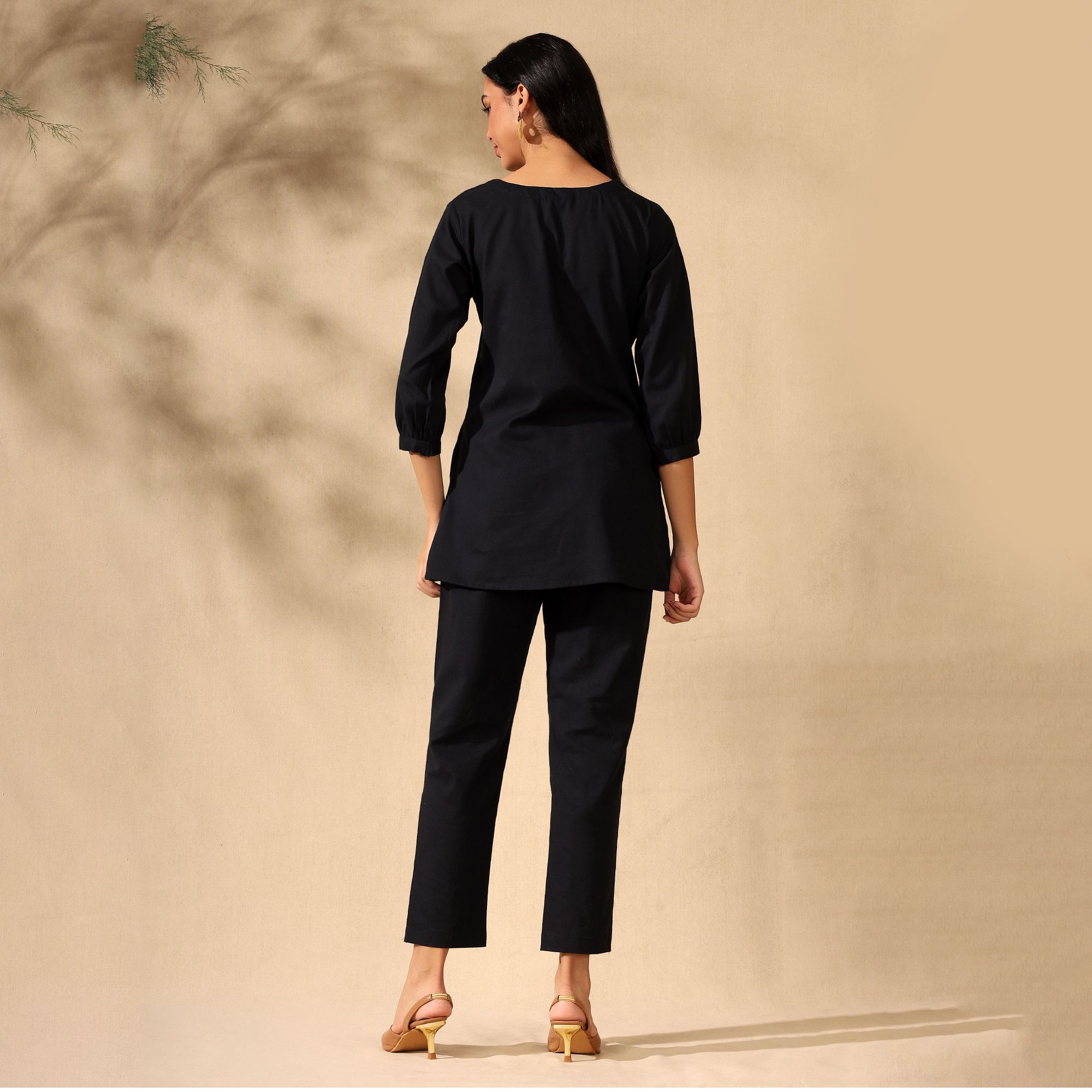 Embroidered Pure Cotton Tunic With Trousers Black Co-ord Set