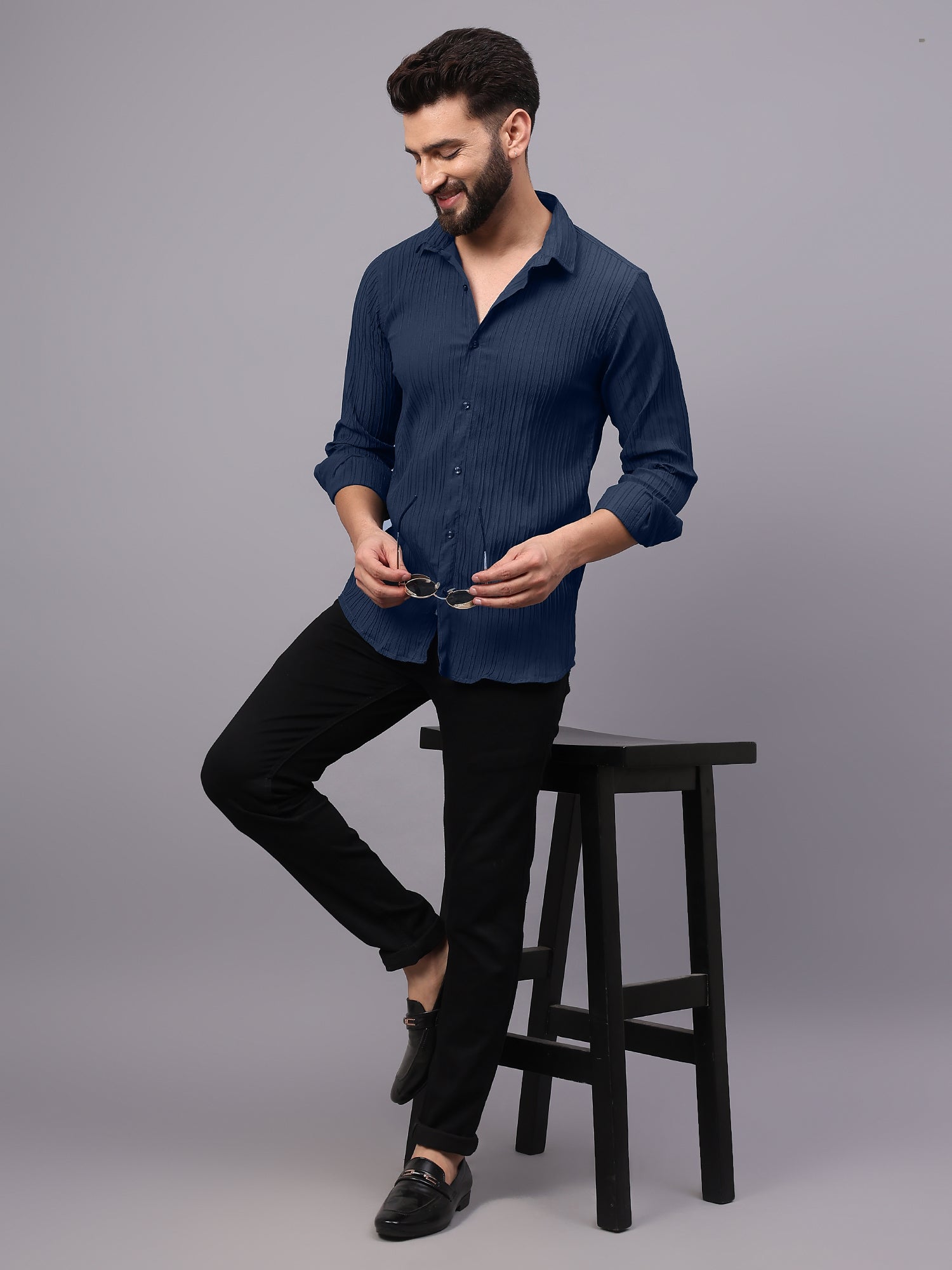 Crushed Self Stripe Navy Blue Shirt