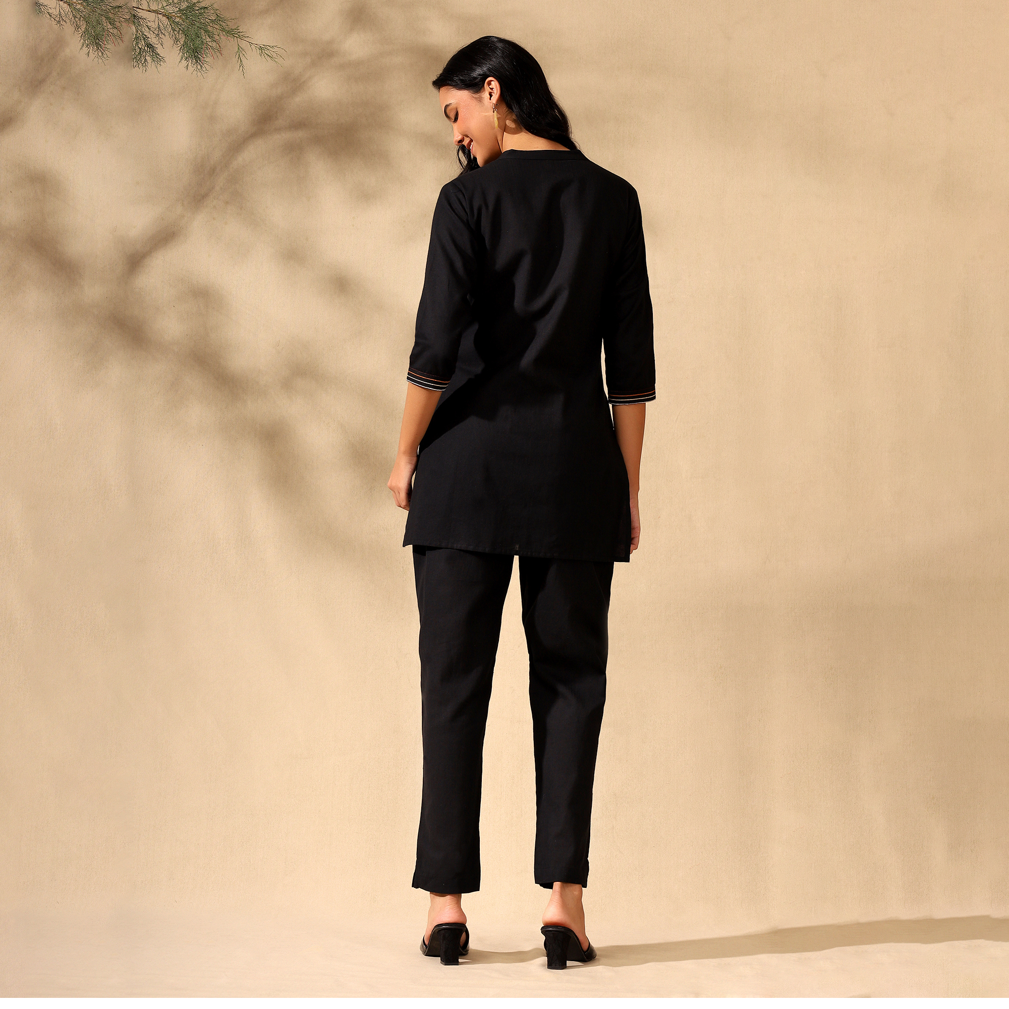 Embroidered Pure Cotton Shirt With Trousers Black Co-ord Set