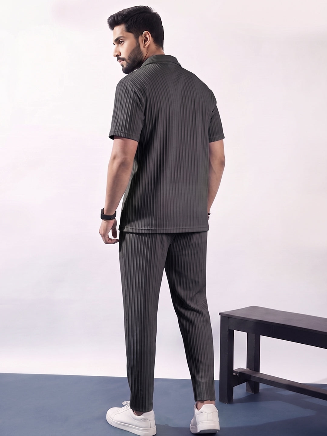 Men’s Dark Grey Textured Co-Ord Set – Premium Relaxed Fit Shirt & Trouser Set
