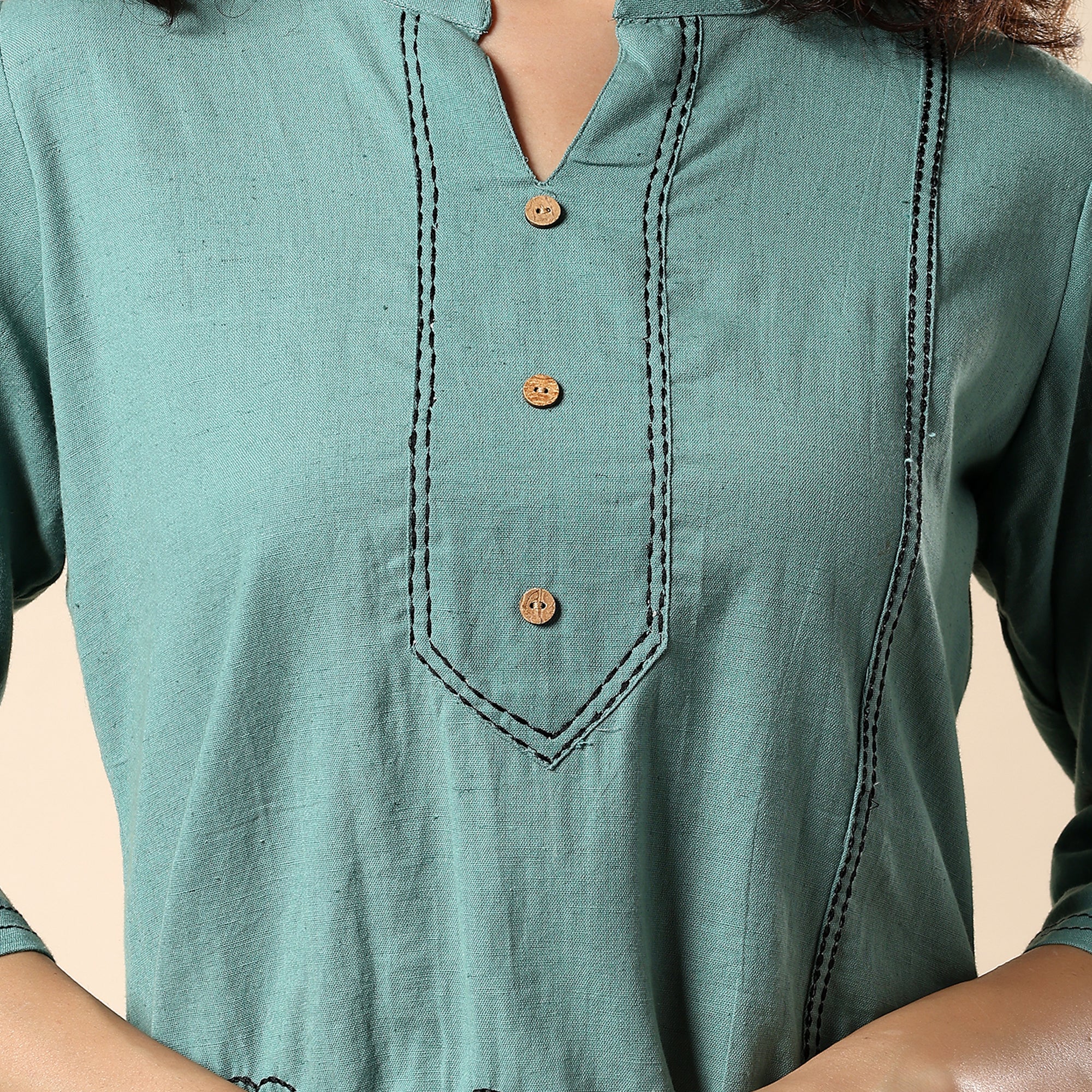 Floral Embroidered Pure Cotton Green Short Kurti/Tunic