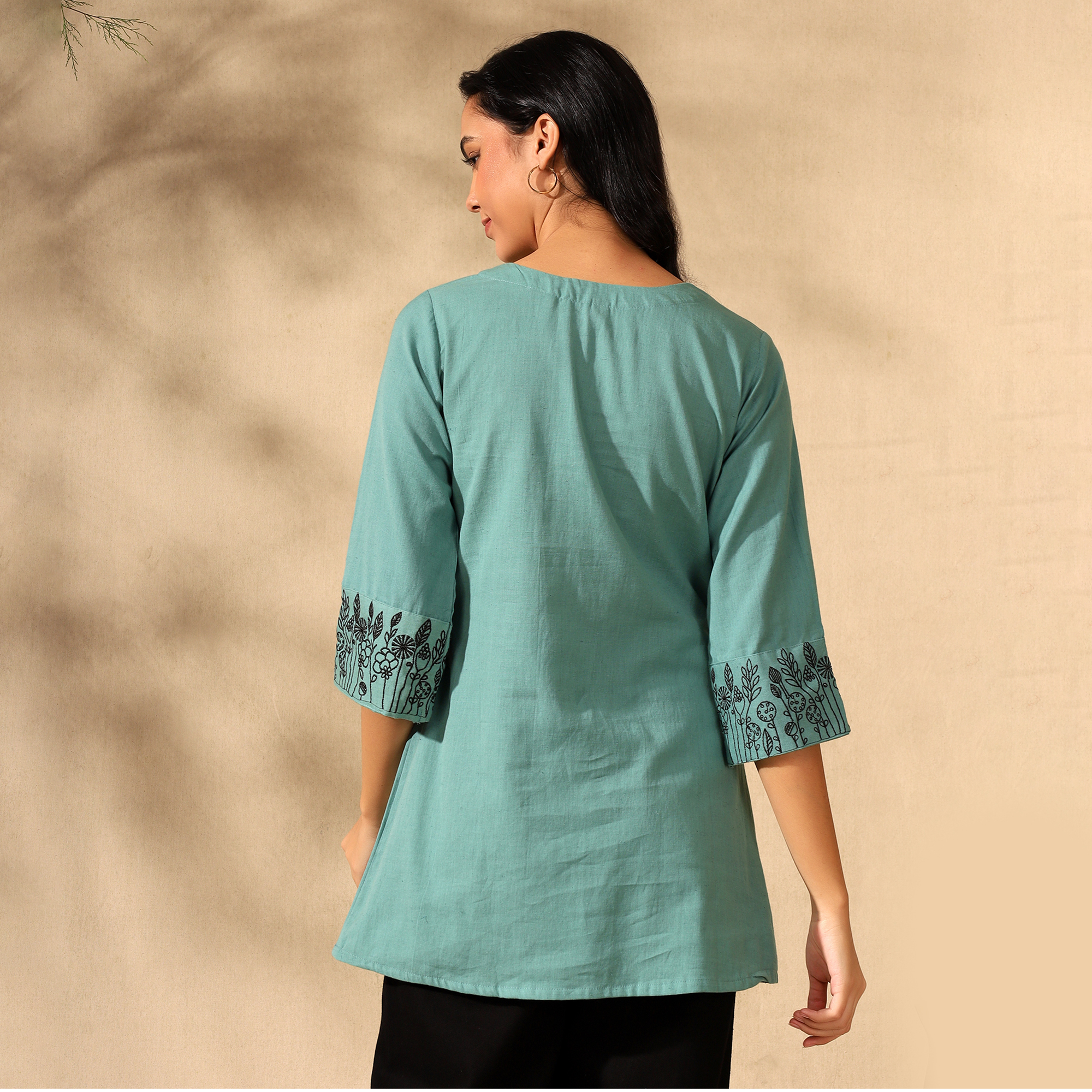 Botanical Embroidered Pure Cotton Green Short Kurti/Tunic