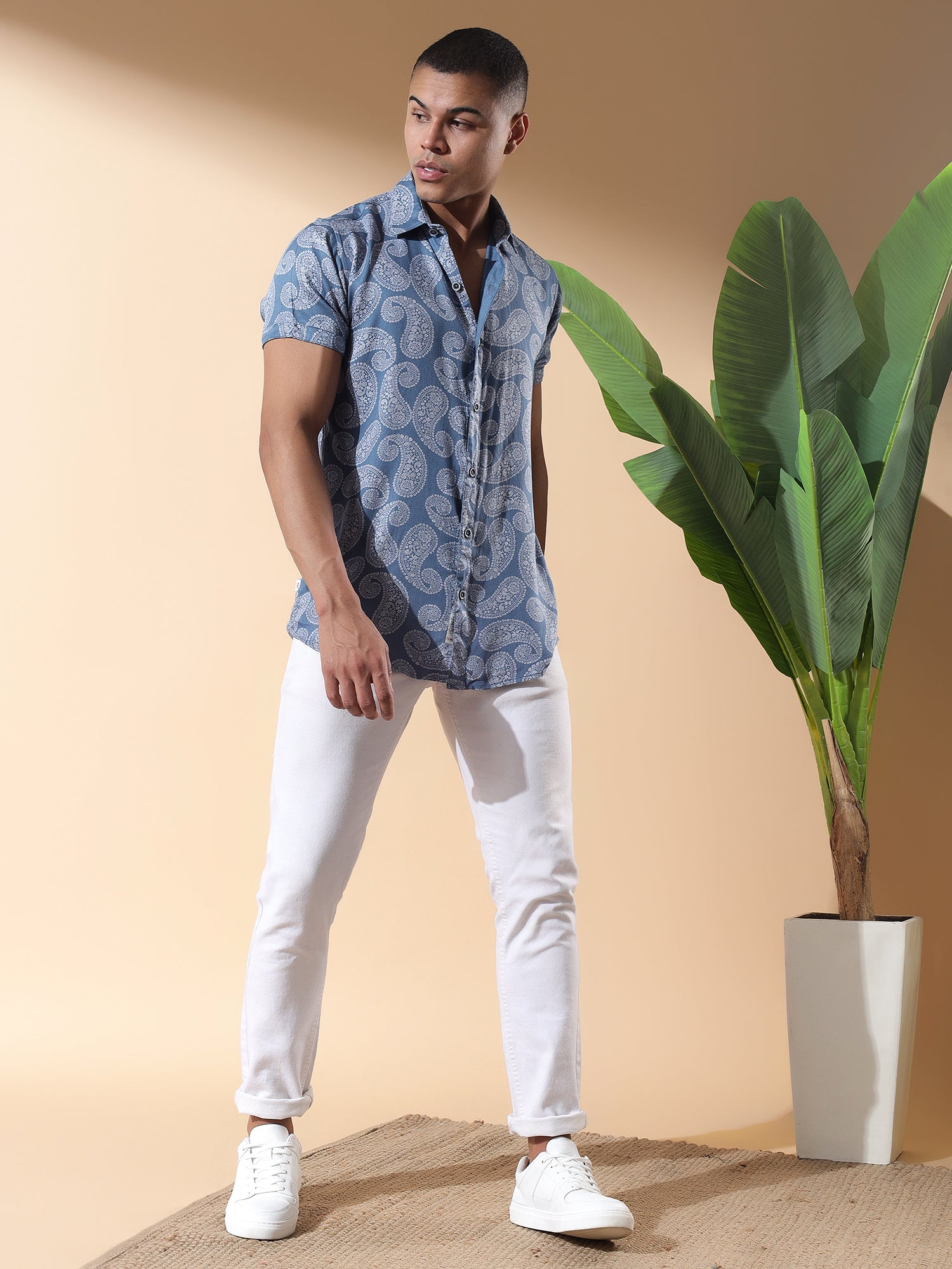 Blue Half Casual Printed Cotton Shirt Regular Fit For Man-Blue