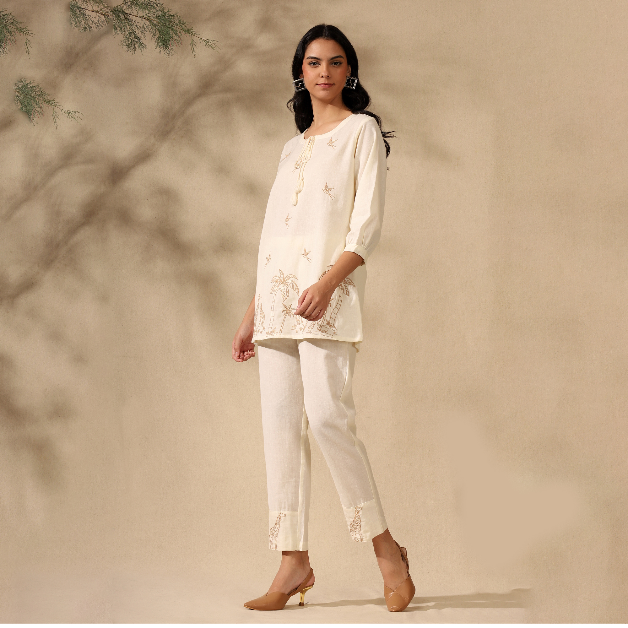 Embroidered Pure Cotton Tunic With Trousers Cream Co-ord Set