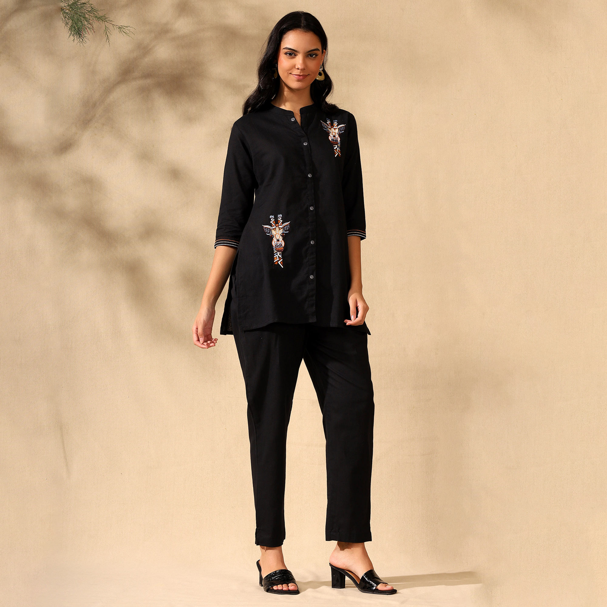 Embroidered Pure Cotton Shirt With Trousers Black Co-ord Set