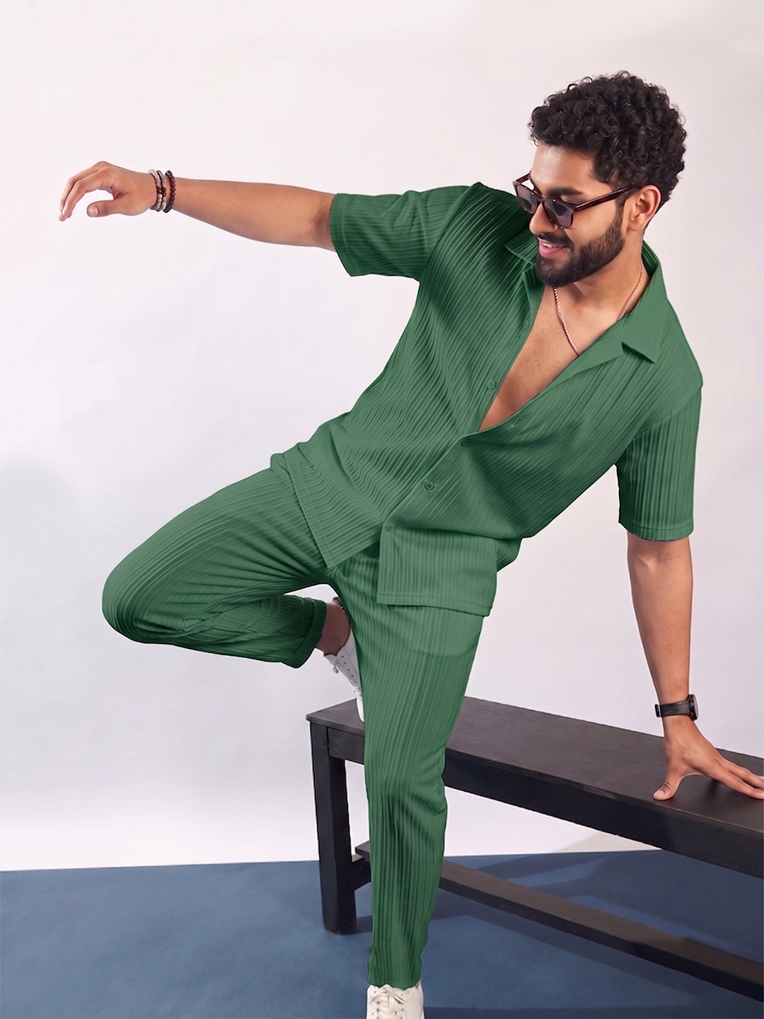 Men’s Mehndi Olive Textured Co-Ord Set – Premium Relaxed Fit Shirt & Trouser Set