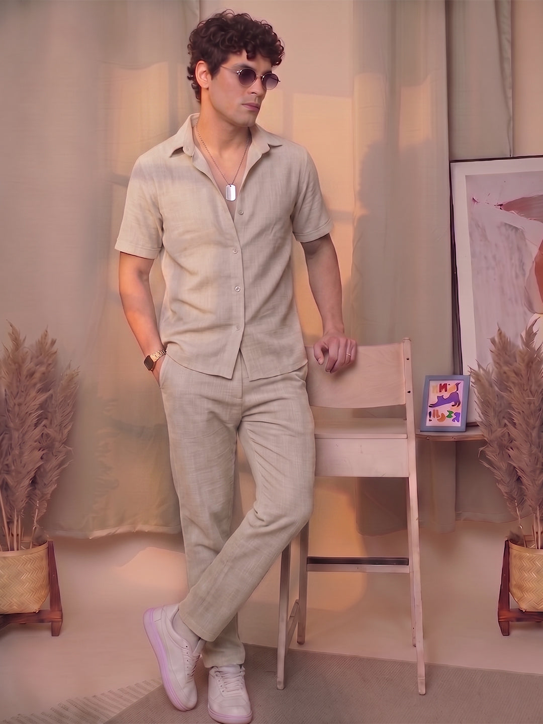 Men’s Premium Cotton Co-Ord Set | Resort Collar Shirt & Trouser Set | Khaki