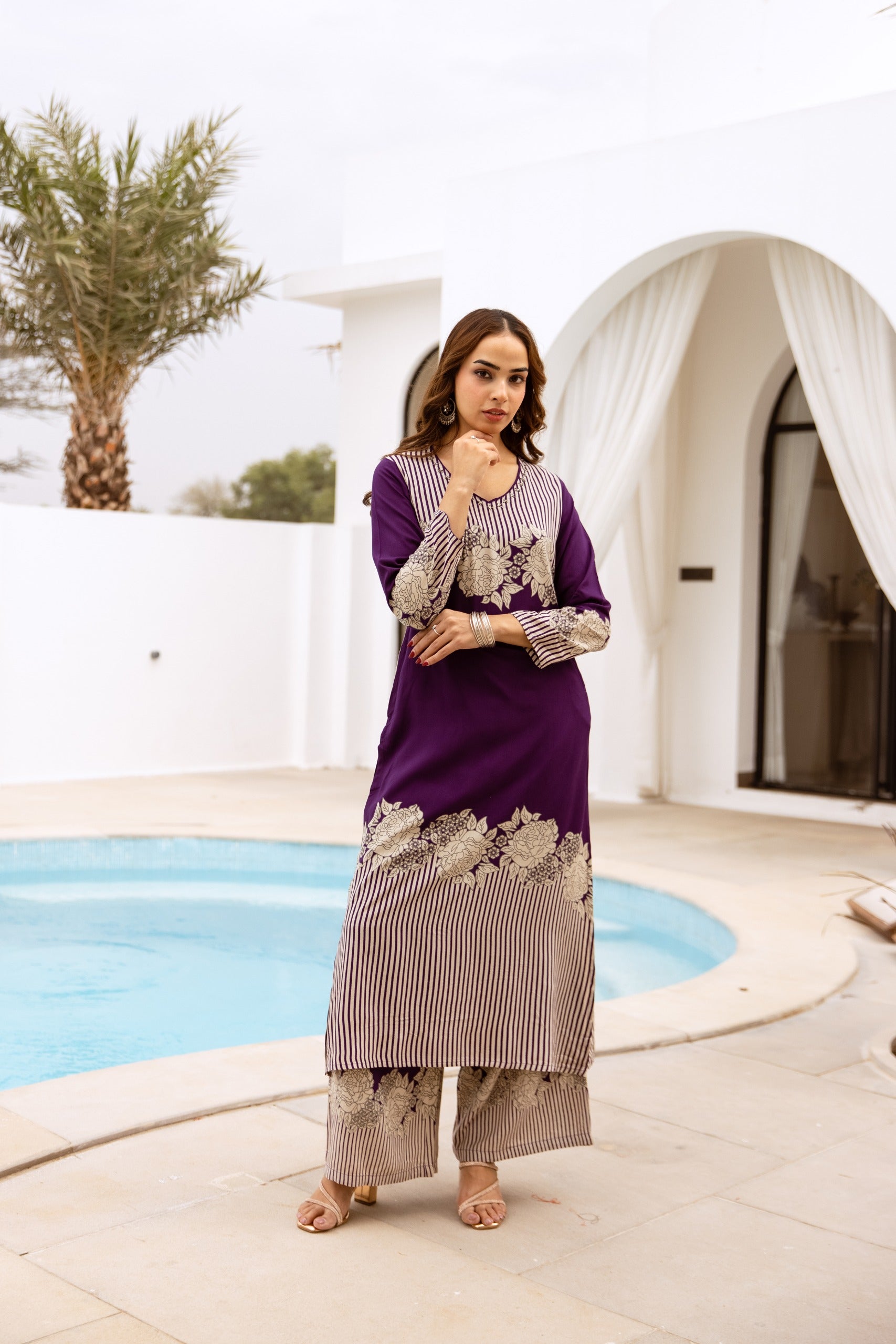 Floral Printed V-Neck Straight Cotton Kurta Set- Purple