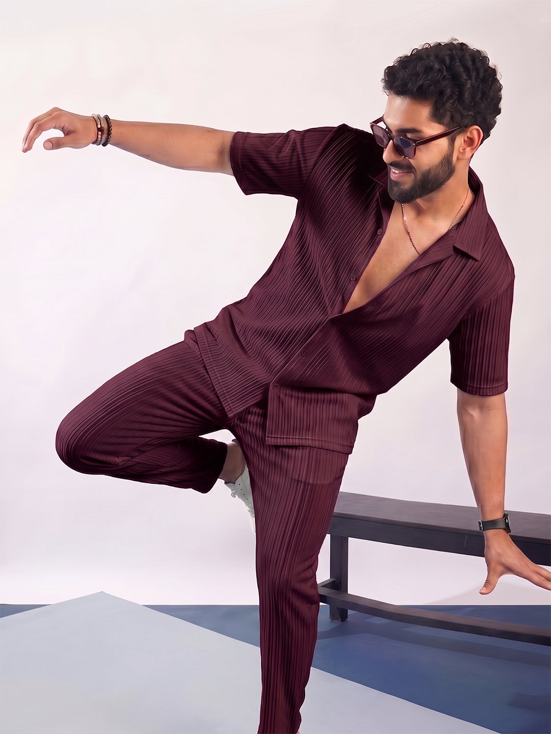 Men’s Dark Maroon Textured Co-Ord Set – Premium Relaxed Fit Shirt & Trouser Set