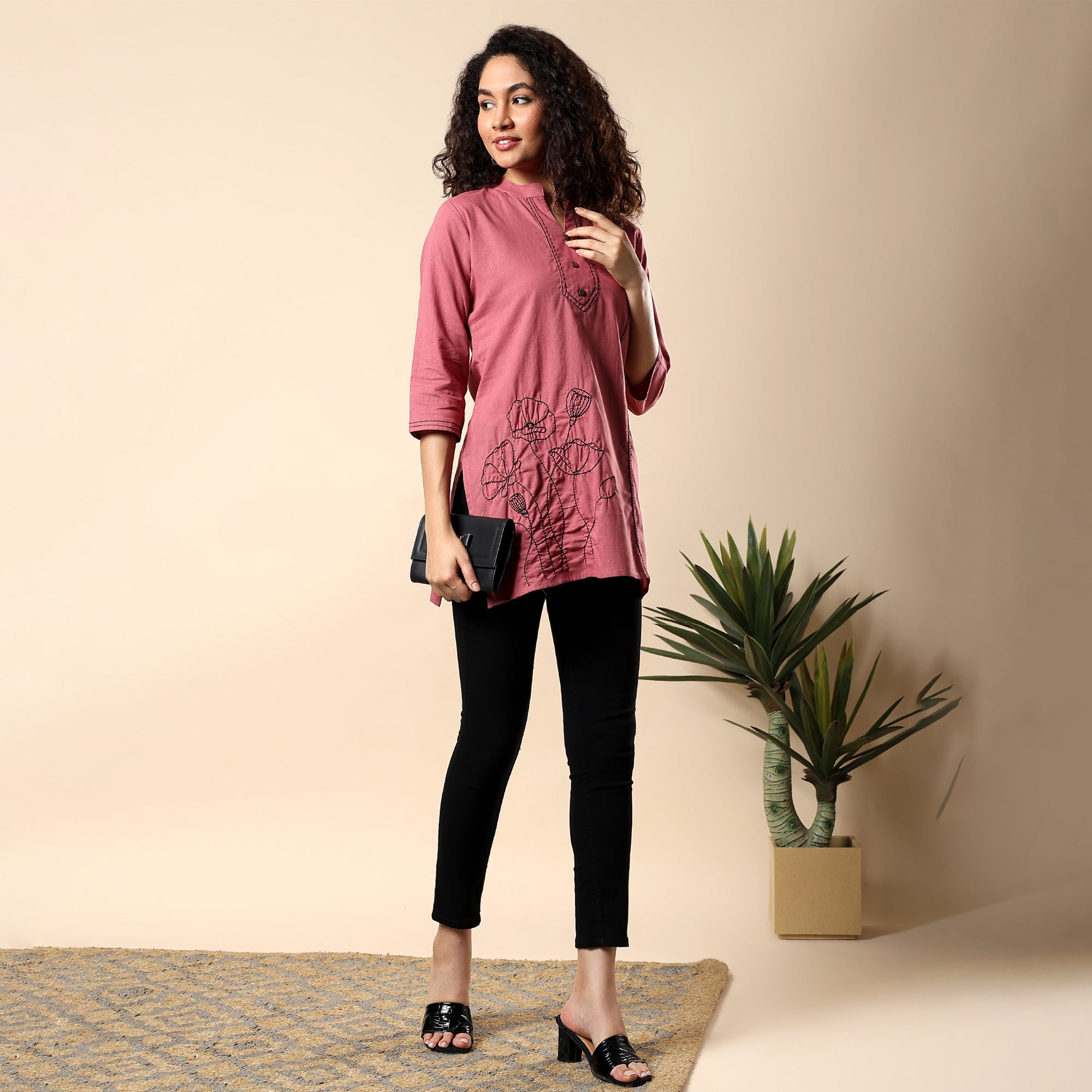 Floral Embroidered Pure Cotton Pink Short Kurti/Tunic