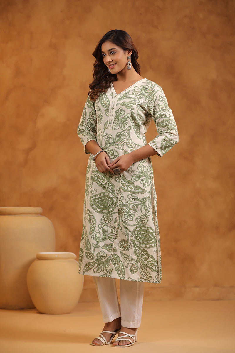 Floral Print Cotton V-Neck A-Line Long Kurti- Green & Cream