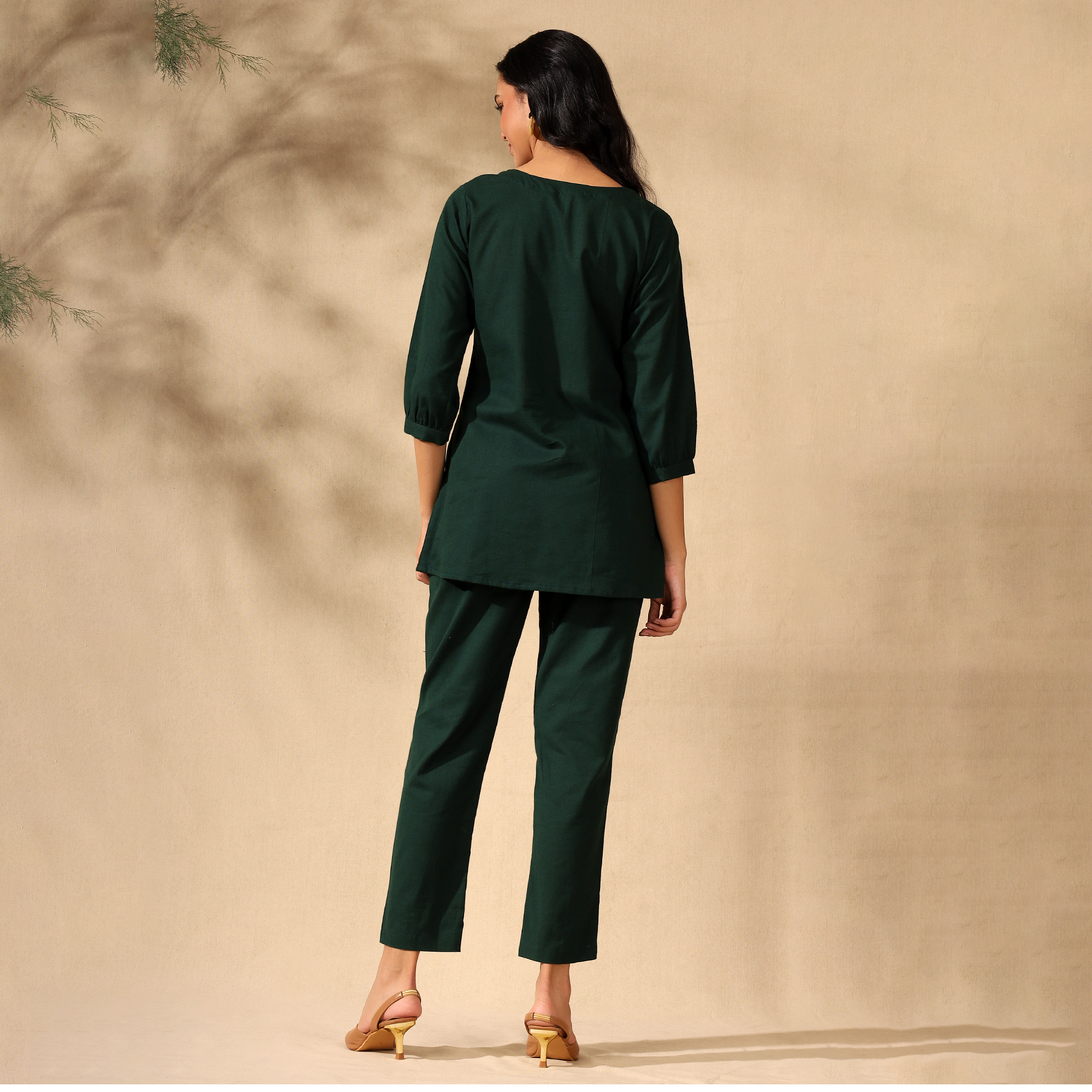 Embroidered Pure Cotton Tunic With Trousers Dark Green Co-ord Set