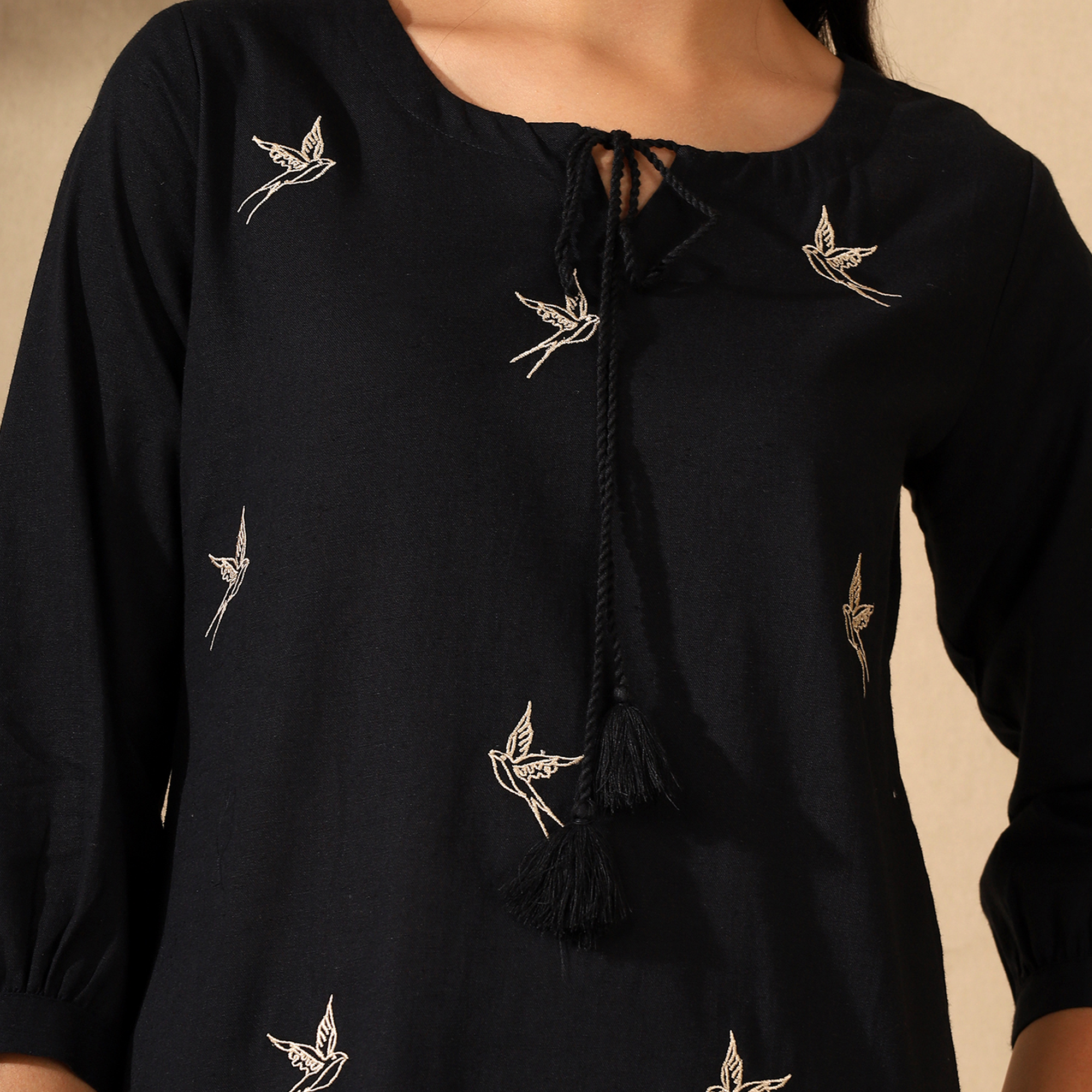 Embroidered Pure Cotton Tunic With Trousers Black Co-ord Set