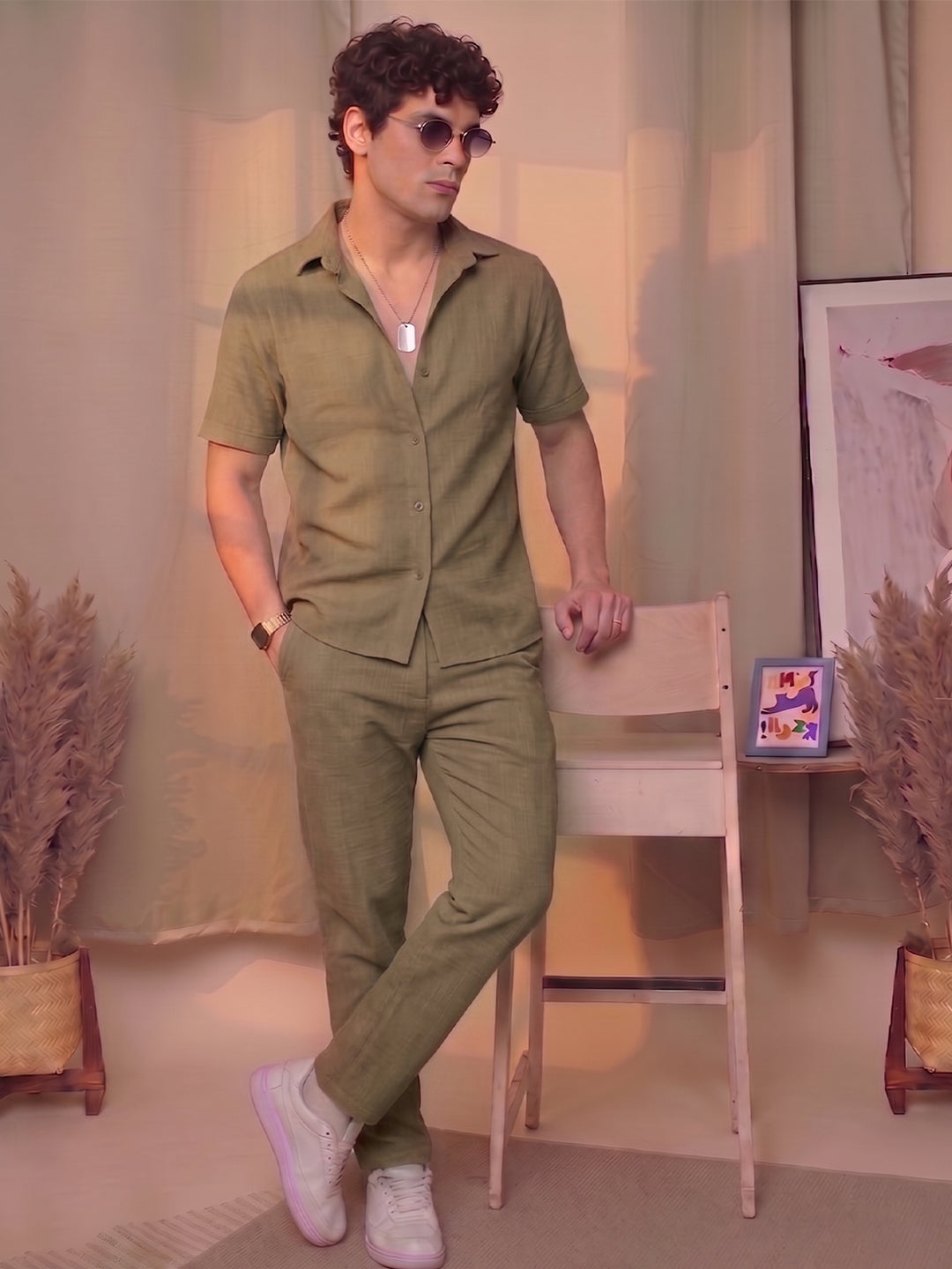 Men’s Premium Cotton Co-Ord Set | Resort Collar Shirt & Trouser Set | Beige