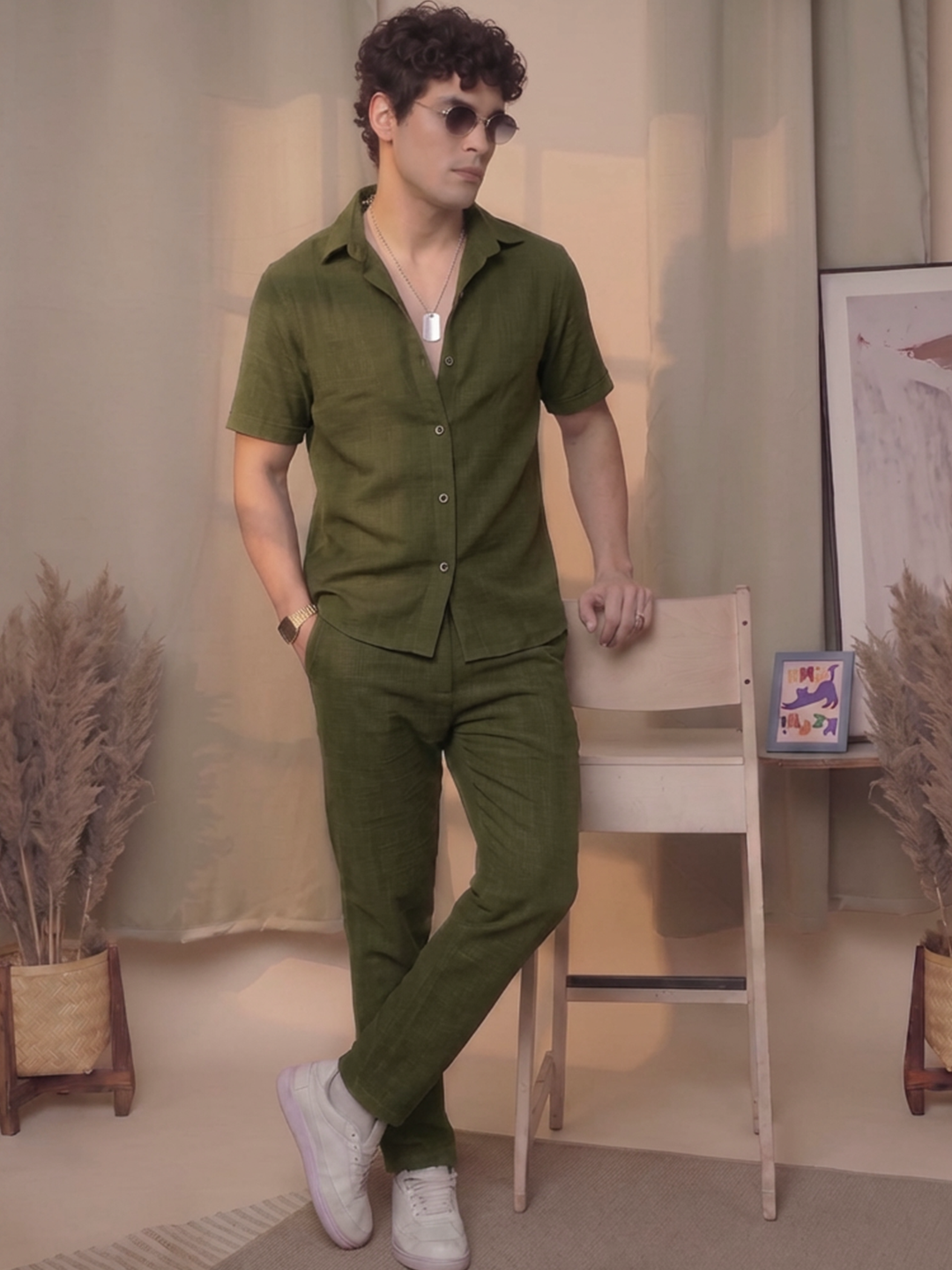 Men’s Premium Cotton Co-Ord Set | Resort Collar Shirt & Trouser Set | Olive Green