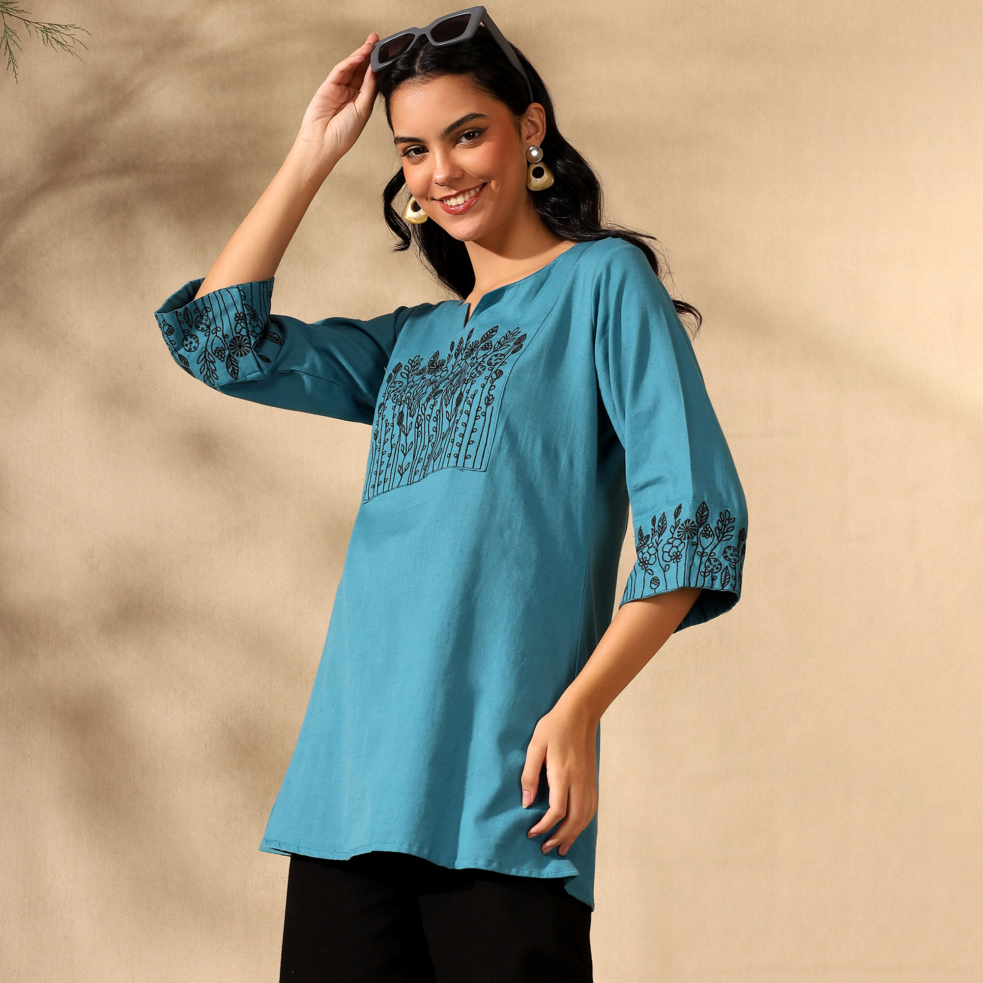 Botanical Embroidered Pure Cotton Blue Short Kurti/Tunic