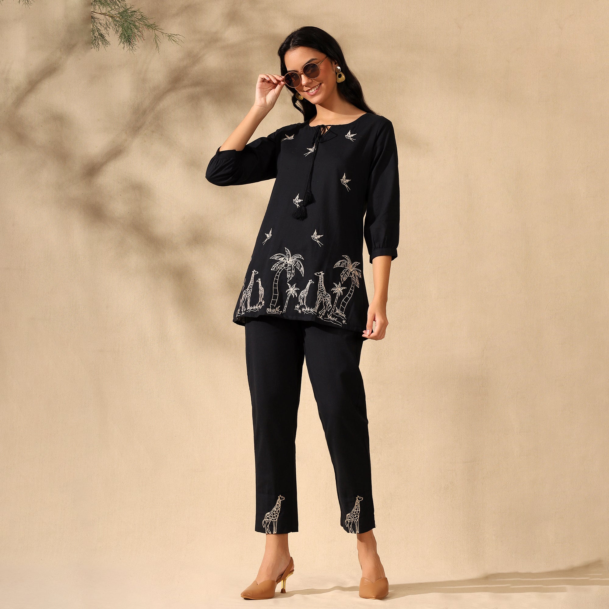 Embroidered Pure Cotton Tunic With Trousers Black Co-ord Set