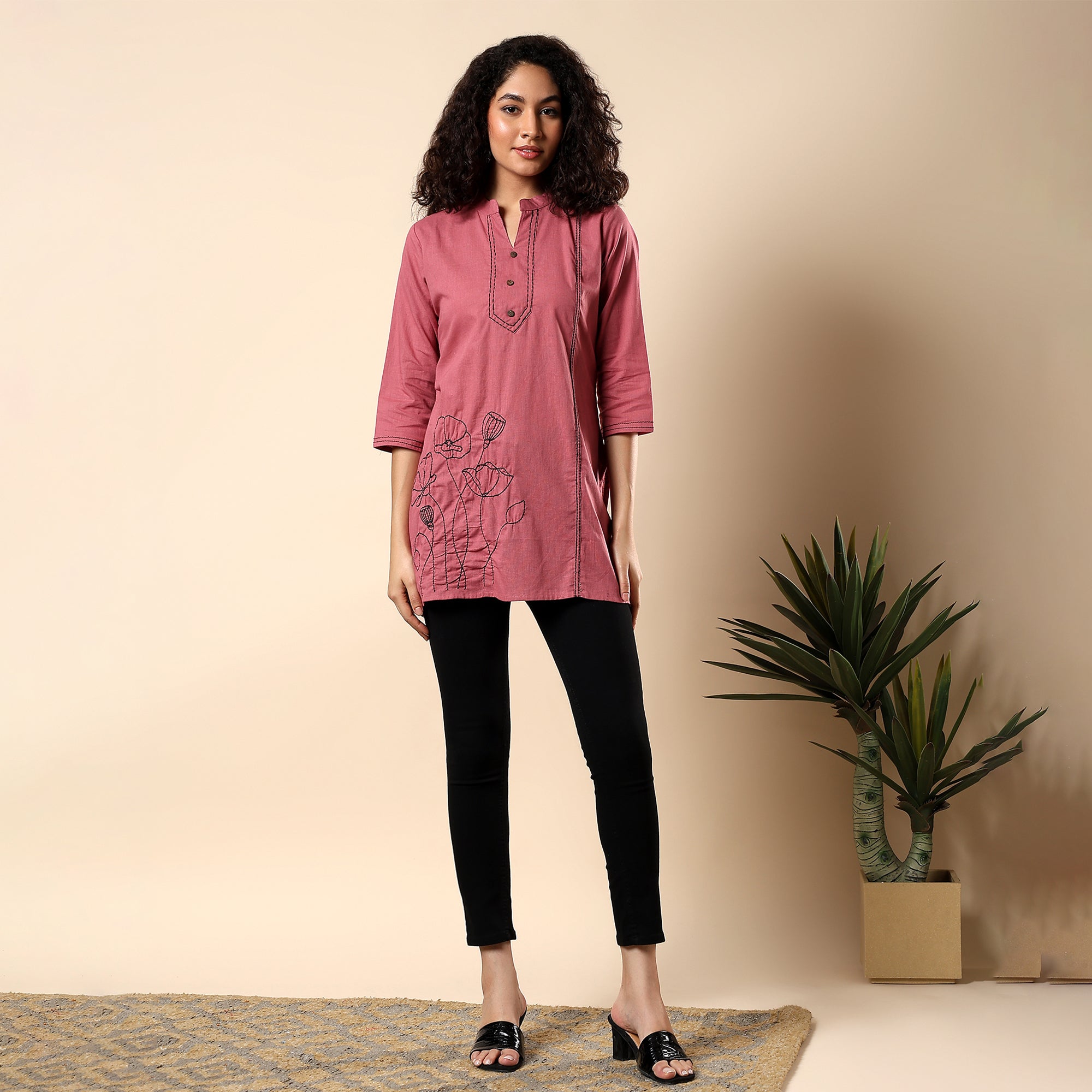 Floral Embroidered Pure Cotton Pink Short Kurti/Tunic