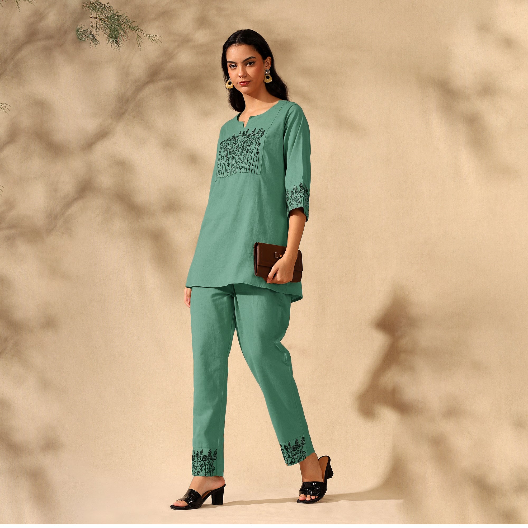 Botanical Embroidered Pure Cotton Tunic With Trousers Green Co-ord Set