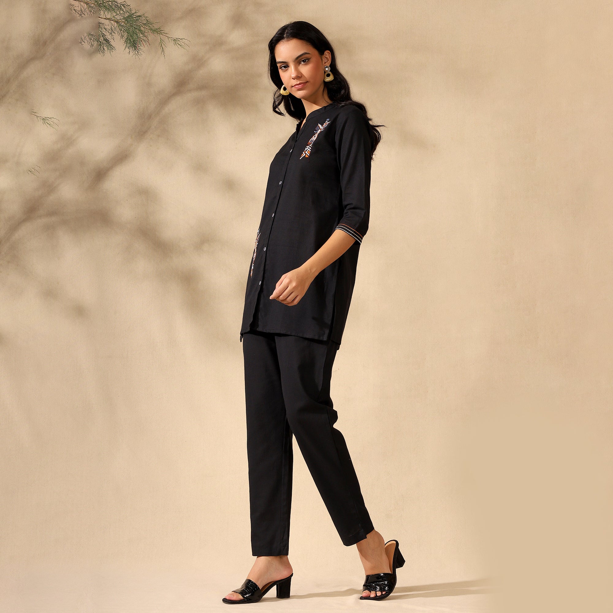 Embroidered Pure Cotton Shirt With Trousers Black Co-ord Set