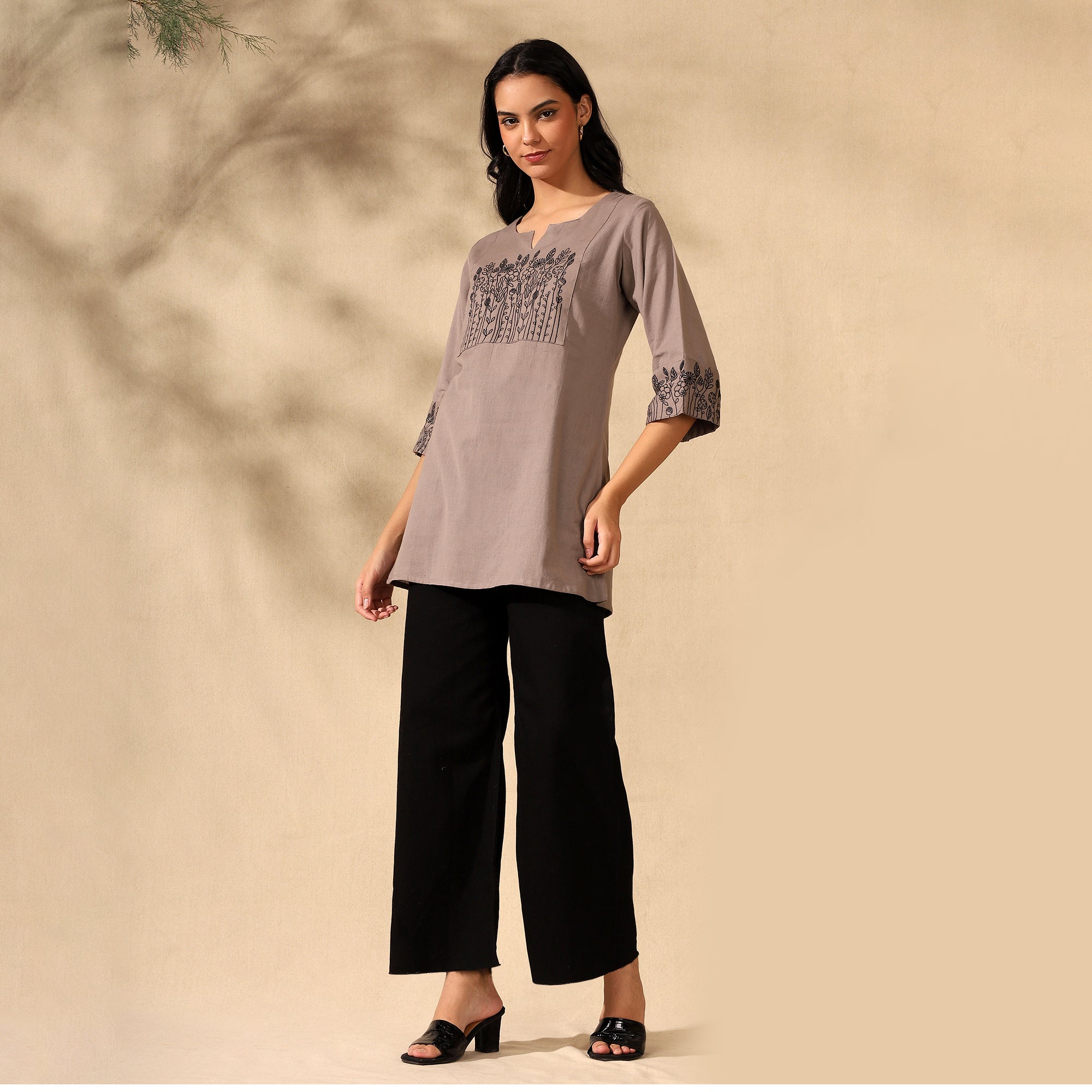 Botanical Embroidered Pure Cotton Brown Short Kurti/Tunic