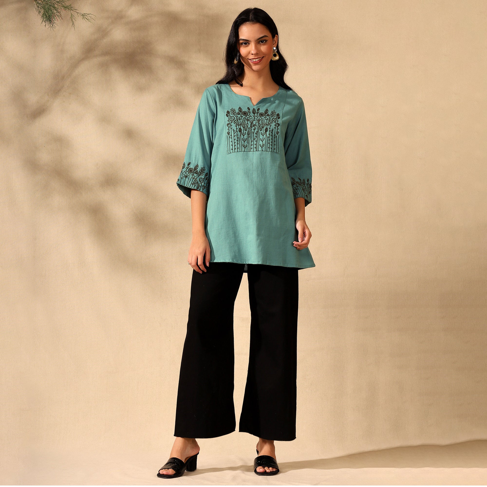 Botanical Embroidered Pure Cotton Green Short Kurti/Tunic