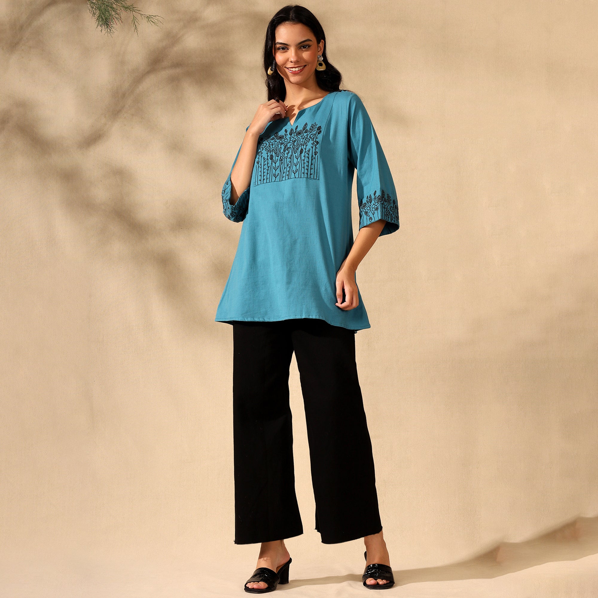 Botanical Embroidered Pure Cotton Blue Short Kurti/Tunic